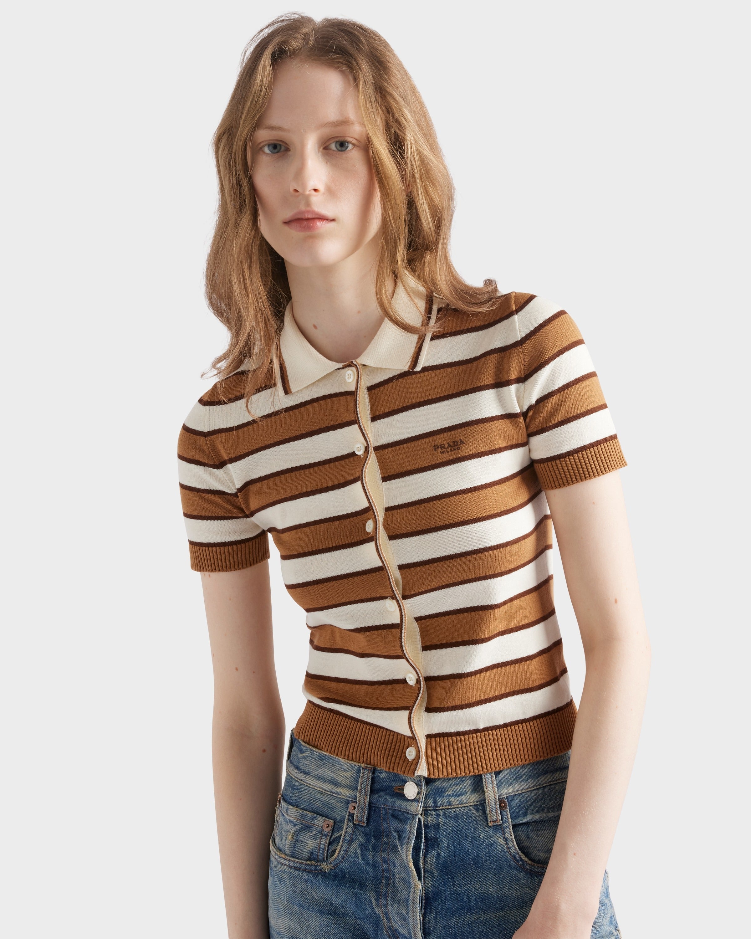 Short-sleeved striped cotton cardigan Camel/Natural