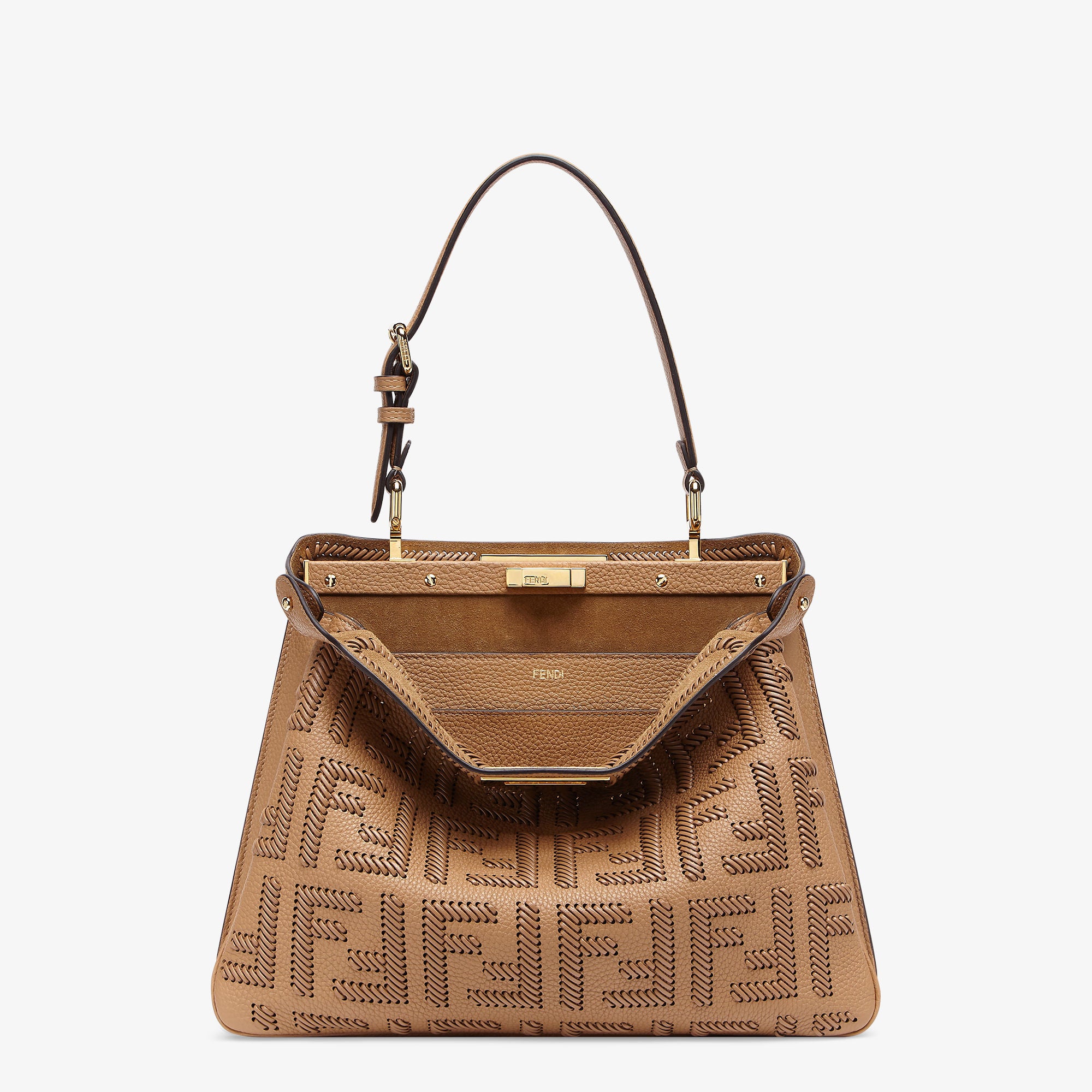 Peekaboo Soft Medium Cappuccino-colored leather bag with FF interlacing