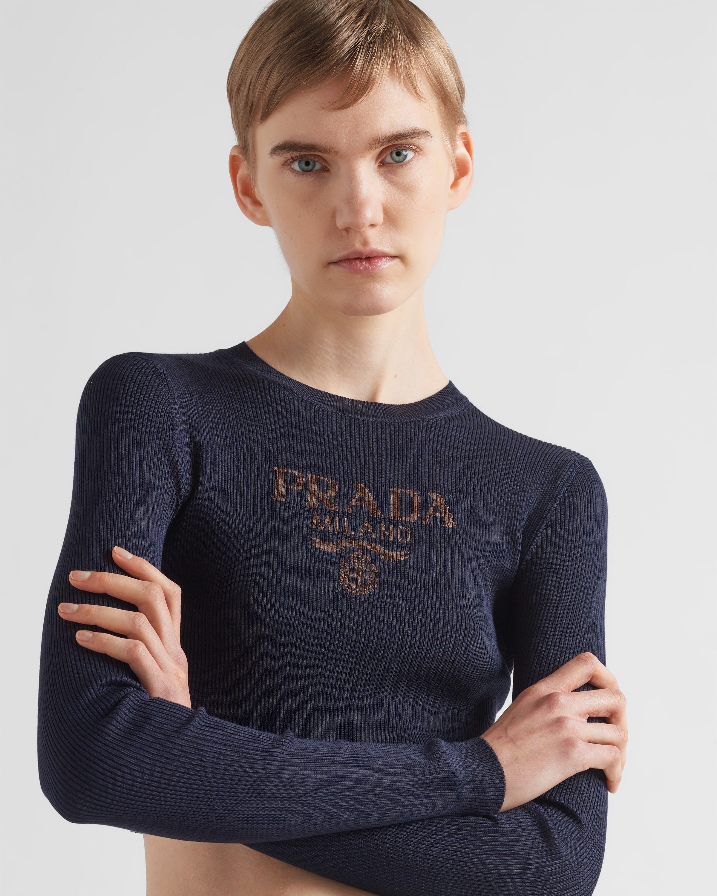 Cropped silk sweater with logo Navy