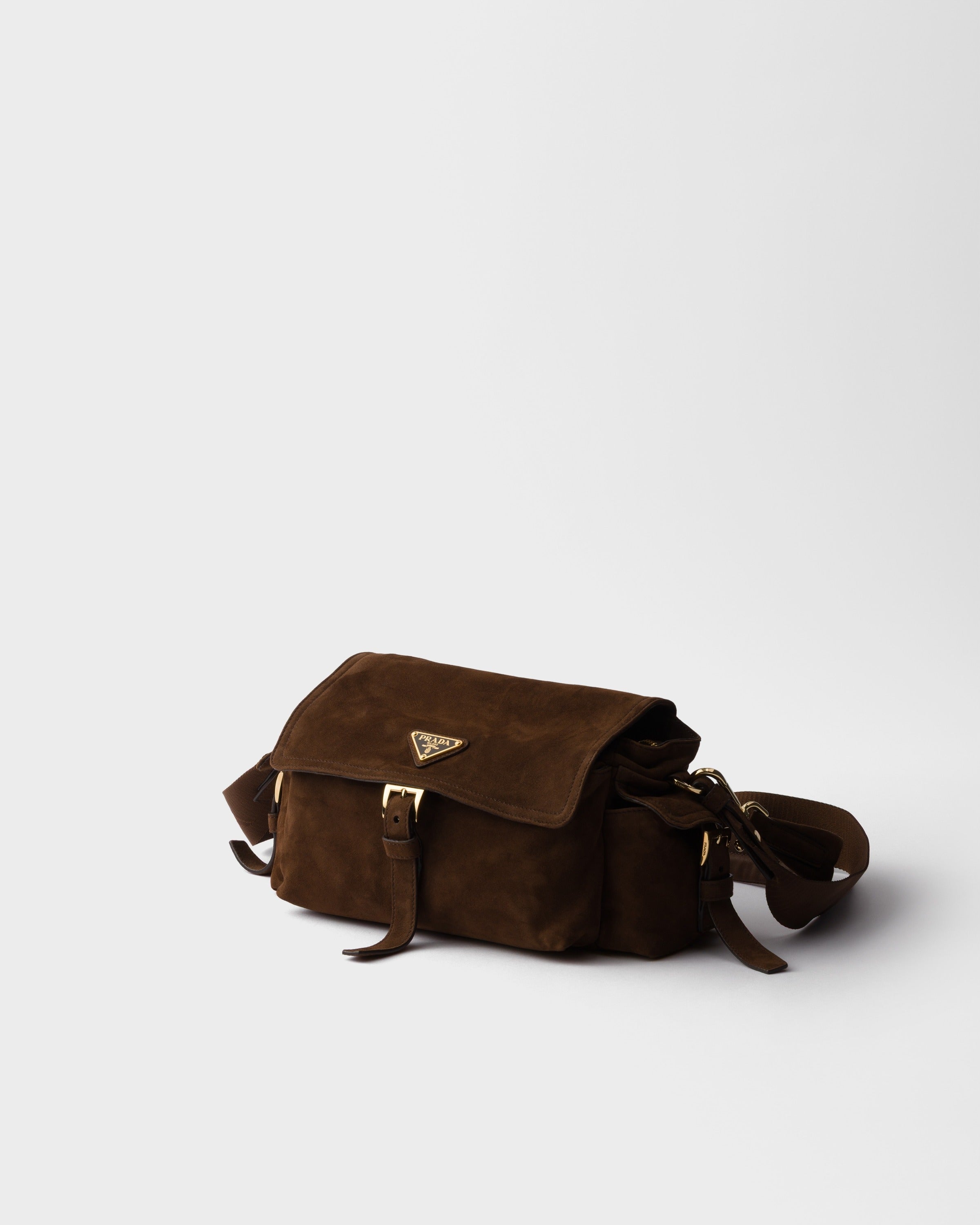 Prada Explore medium suede shoulder bag with flap Cocoa Brown