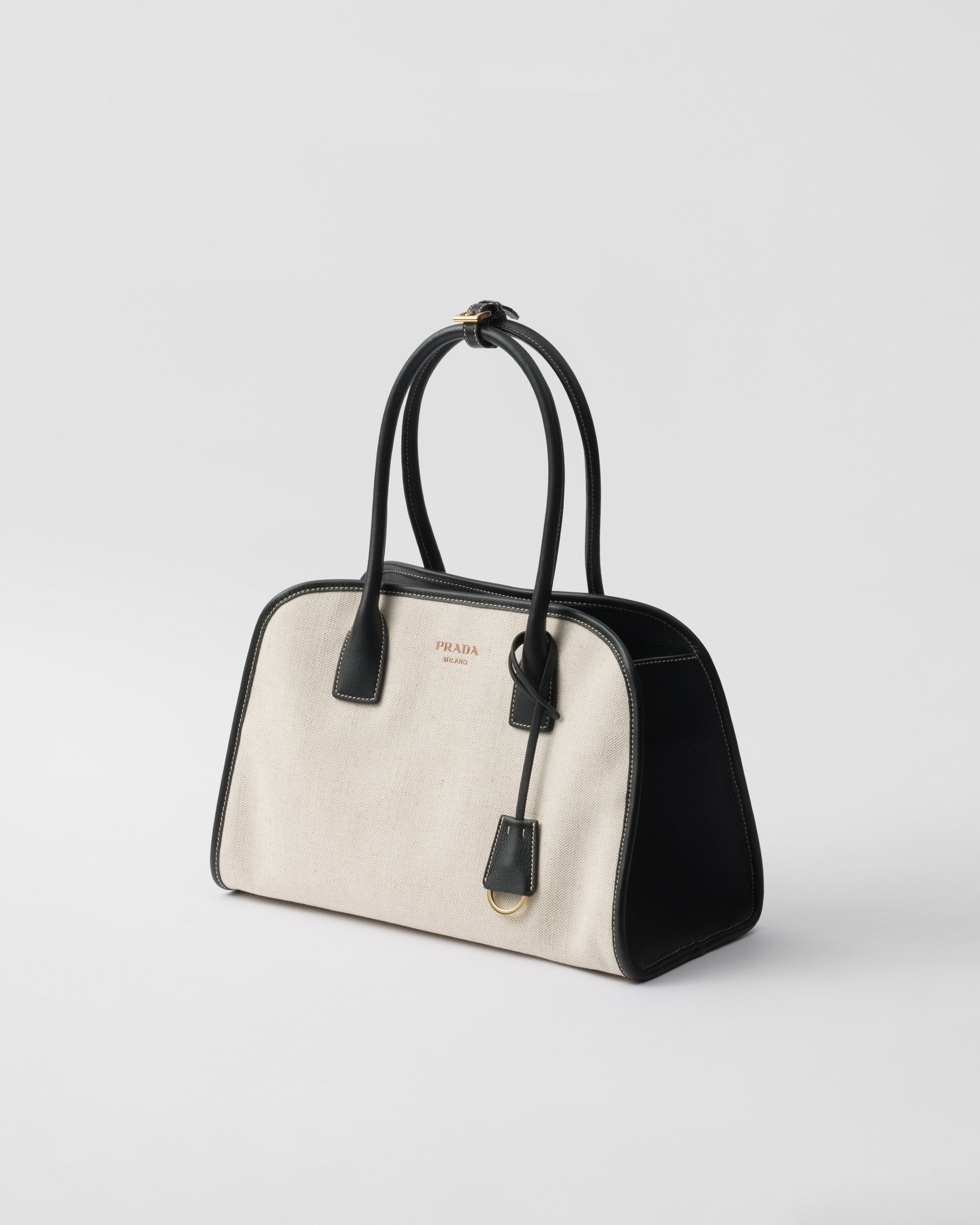 Medium linen blend and leather tote bag Tan/Black
