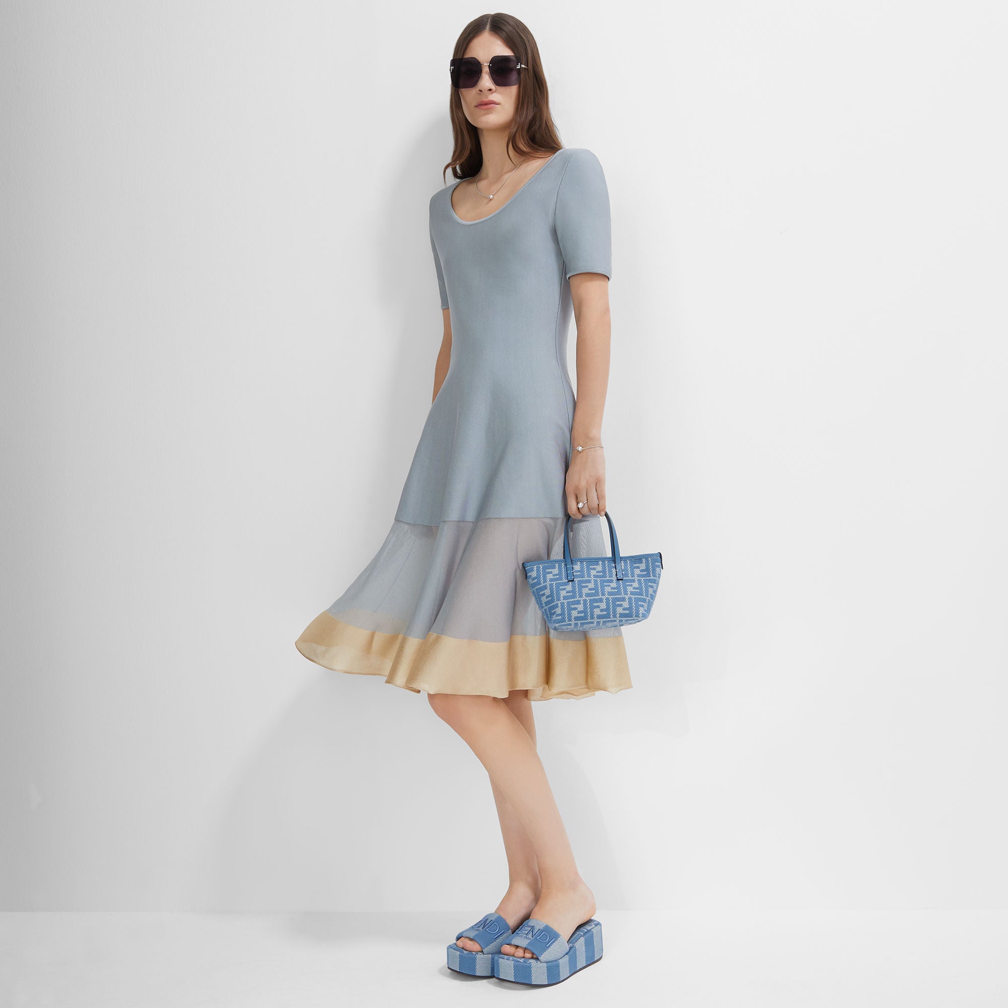 Roll Mini Blue denim-effect FF jacquard mini-bag