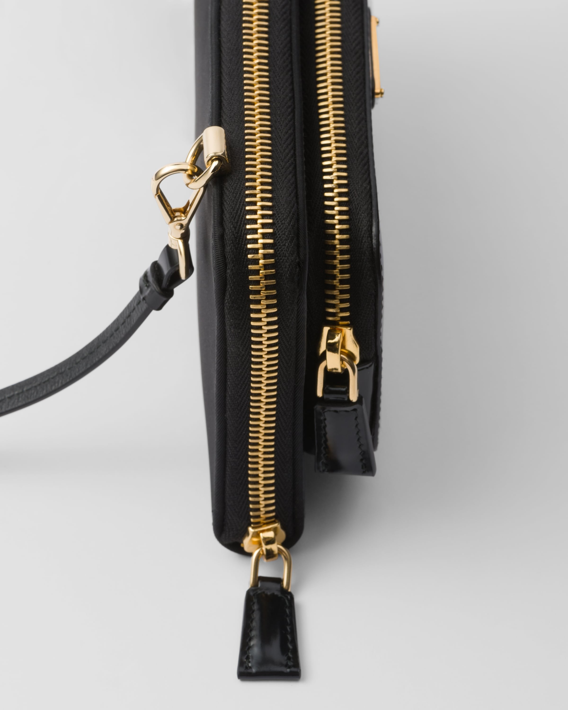 Re-Nylon and brushed leather wallet with shoulder strap Black