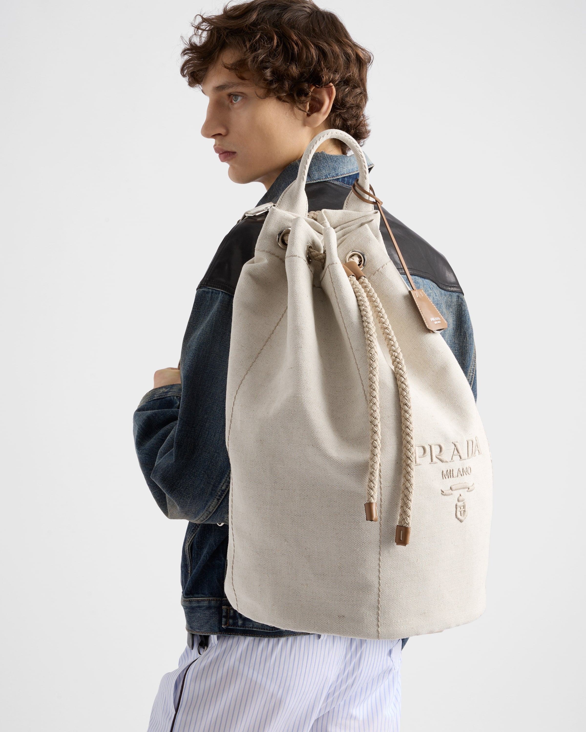 Linen blend drawstring duffel bag Natural