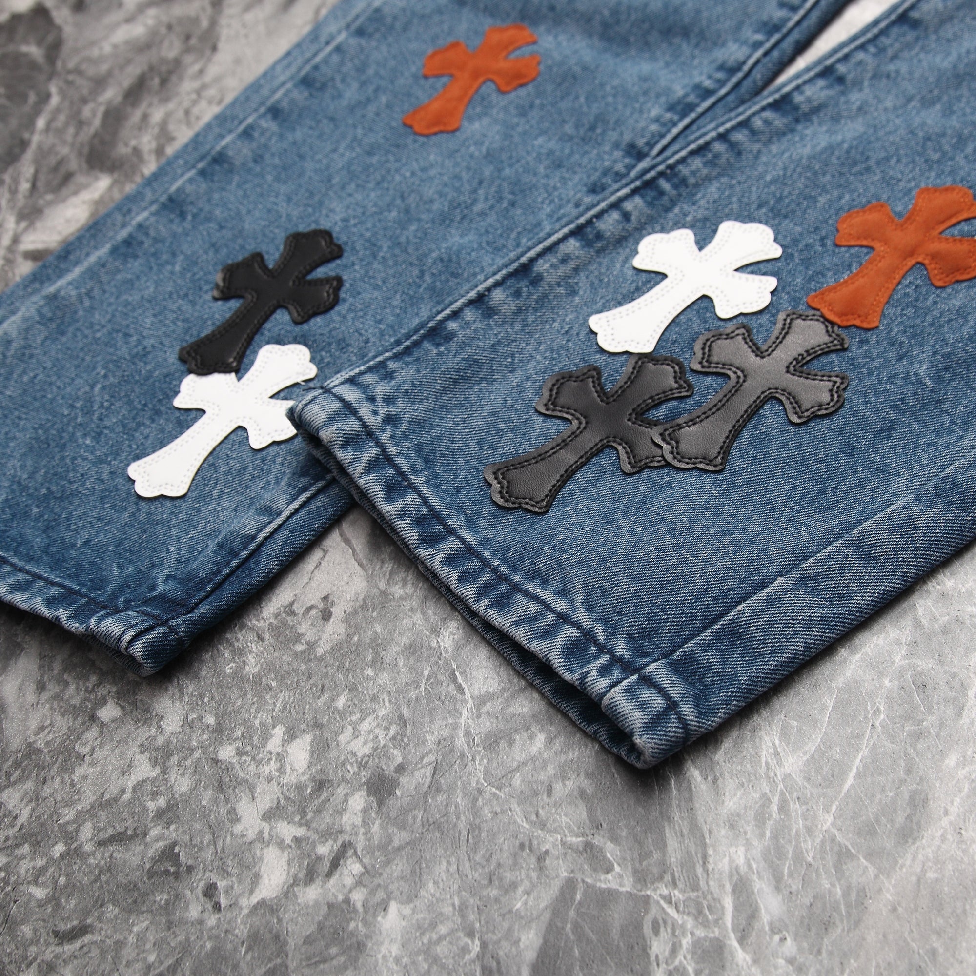 Chrome Hearts Cross Leather Patchwork Jeans