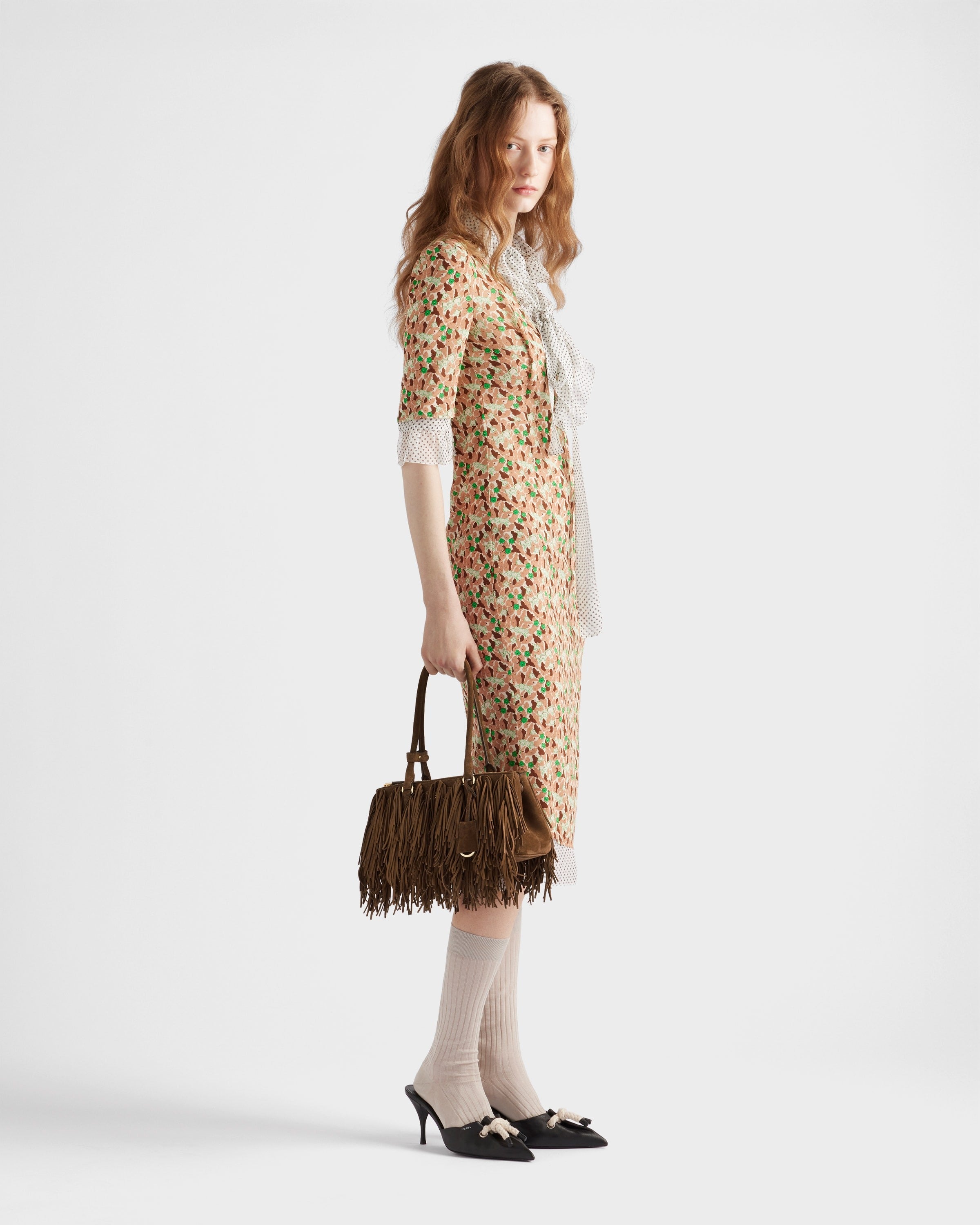 Prada Galleria medium suede bag with fringe Cocoa Brown
