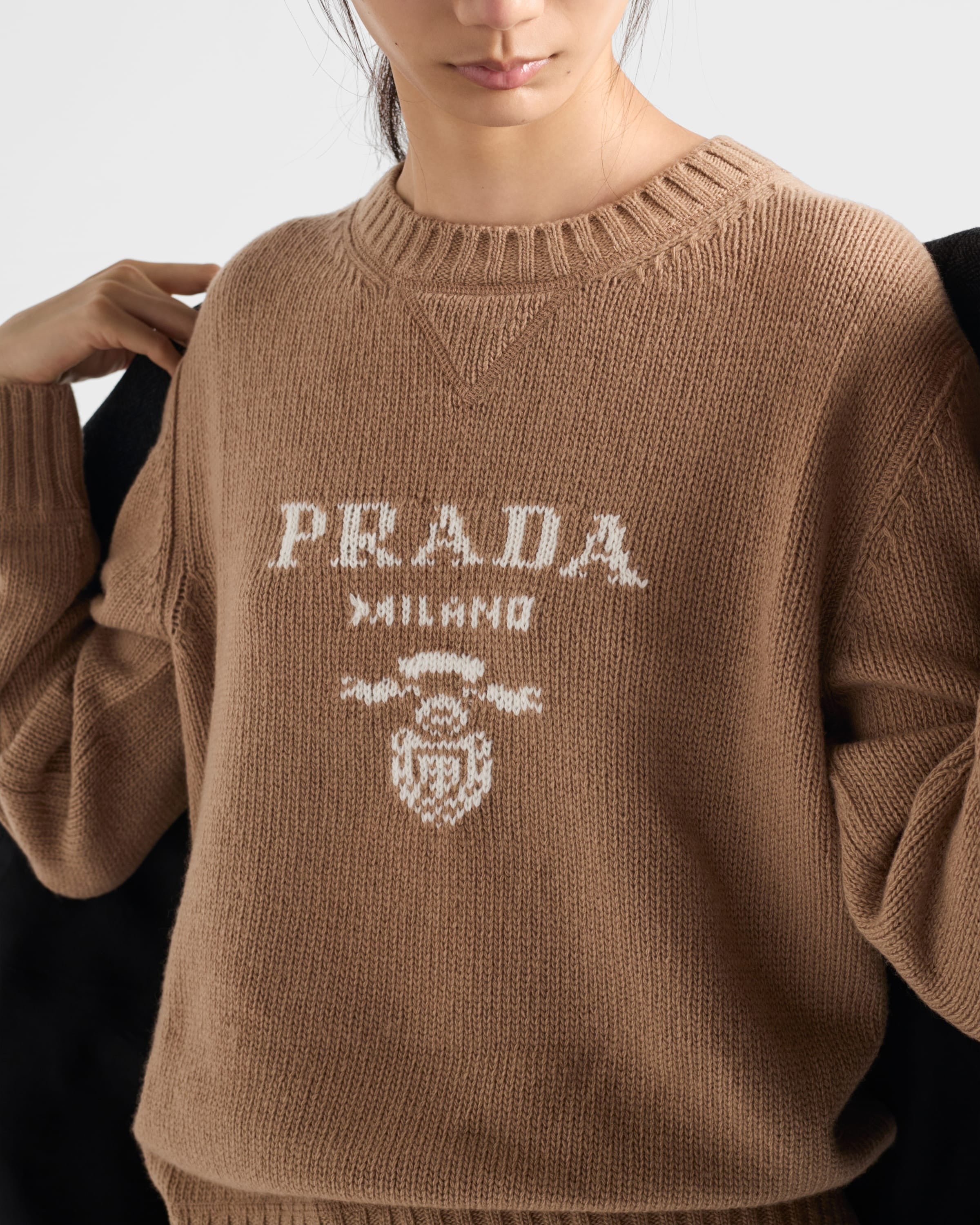 Cashmere and wool Prada logo crew-neck sweater Camel Brown