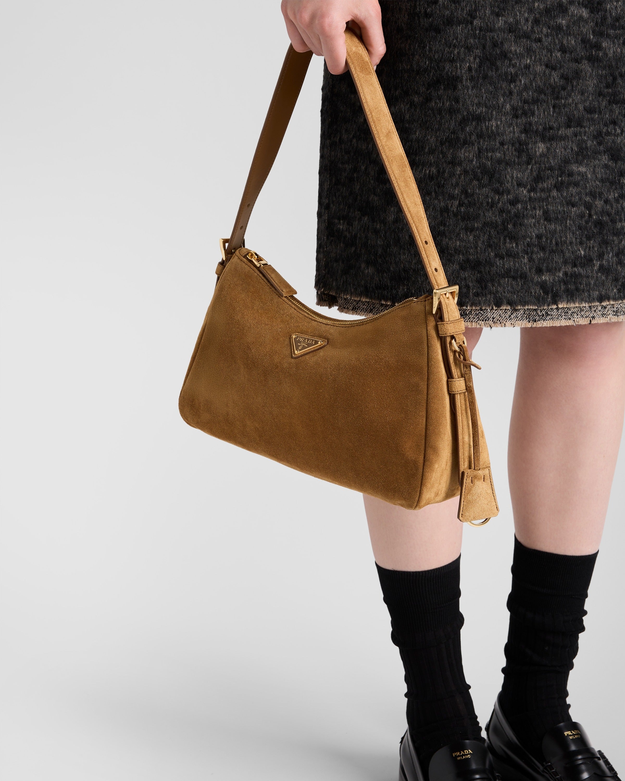 Prada Aimée medium suede shoulder bag Cinnamon