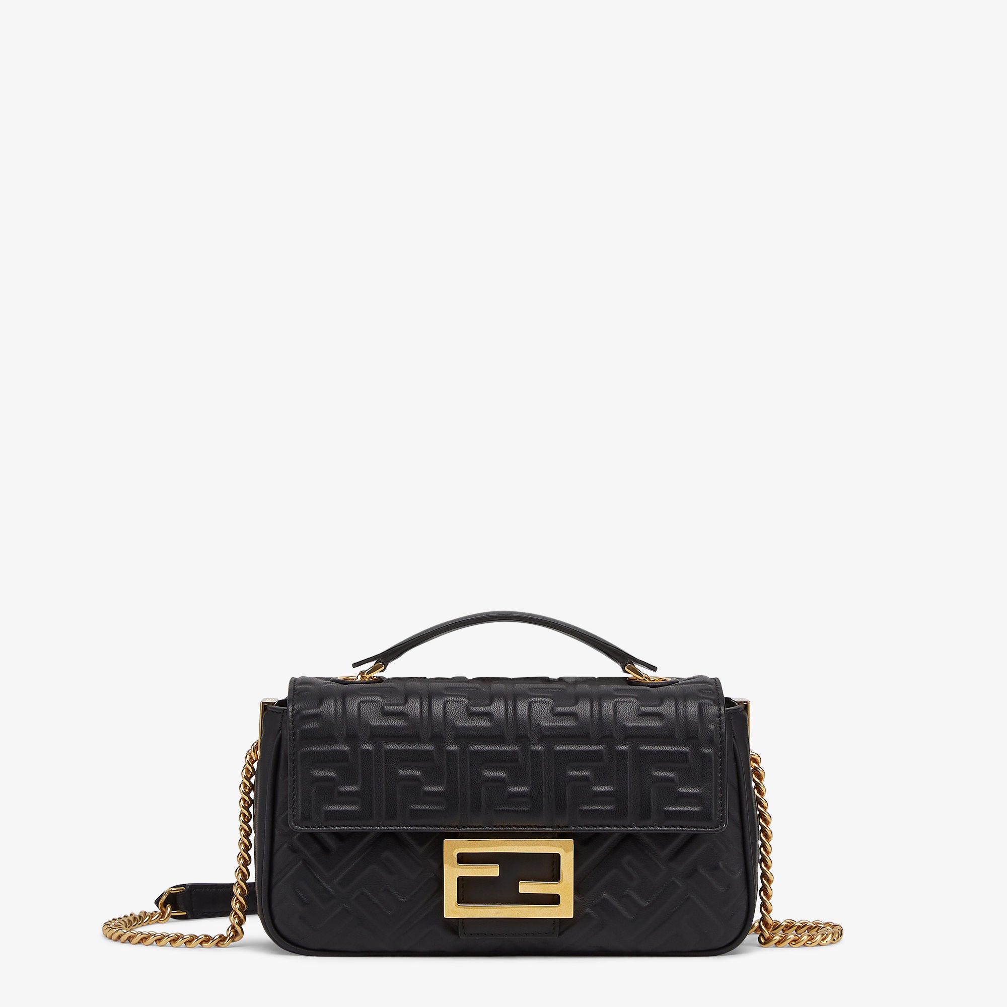 Baguette Chain Midi Black nappa leather bag with FF motif