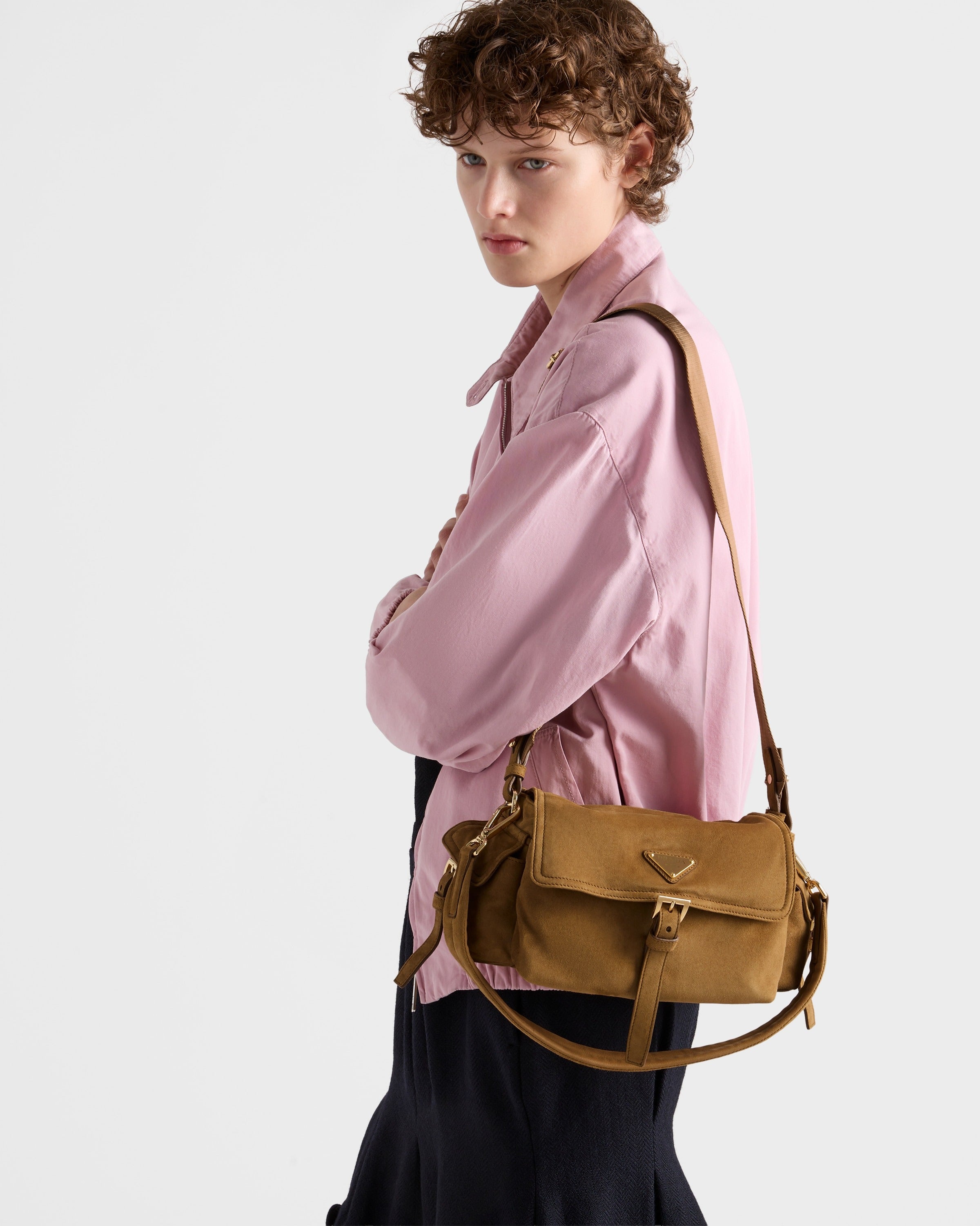 Prada Explore medium suede shoulder bag with flap Cinnamon