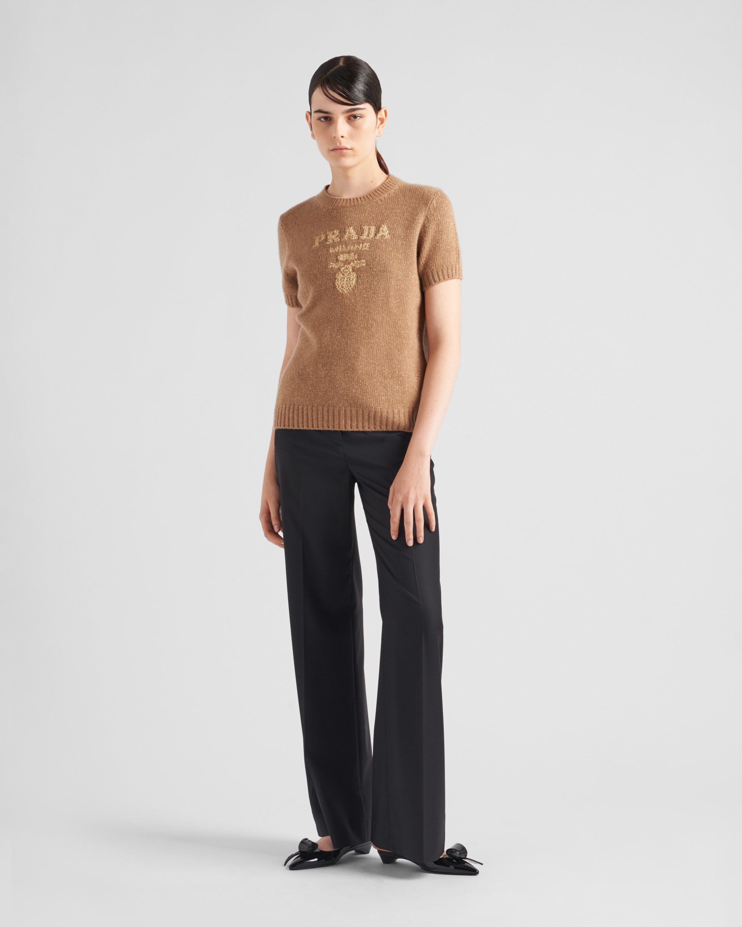 Wool, cashmere and lamé crew-neck sweater Camel/Gold