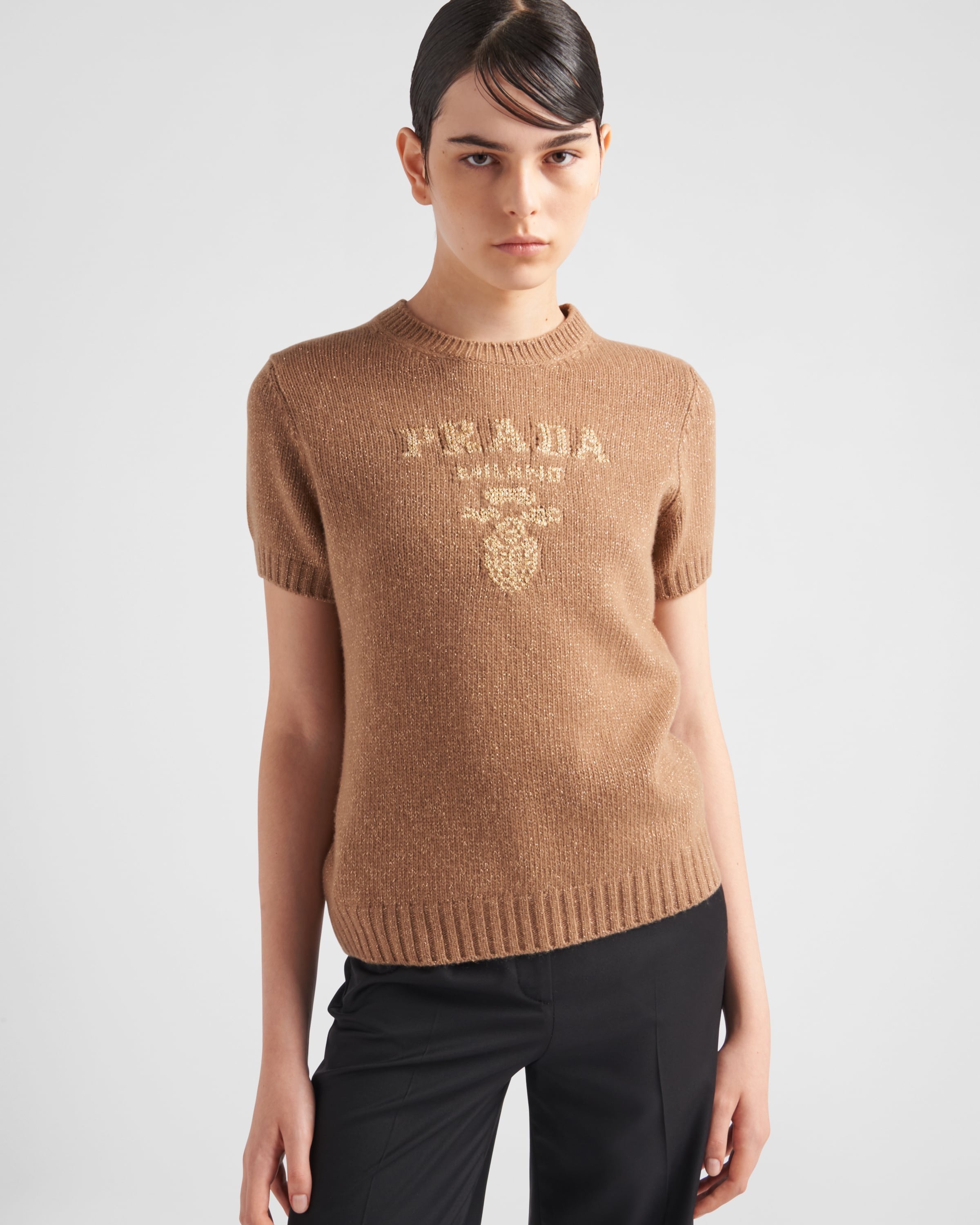 Wool, cashmere and lamé crew-neck sweater Camel/Gold