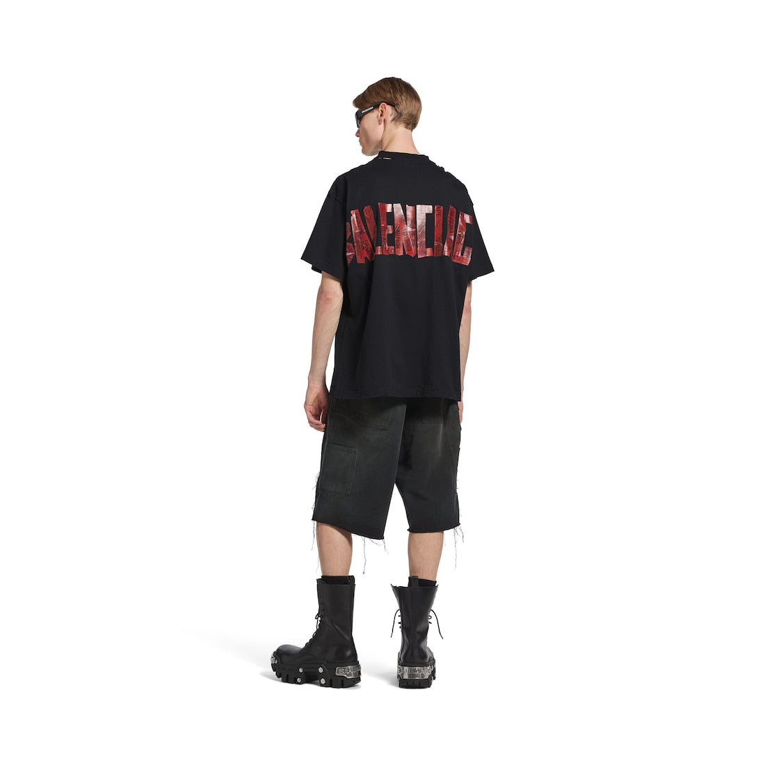 Men's Security Tape Logo T-shirt Oversized in Black Faded/Red