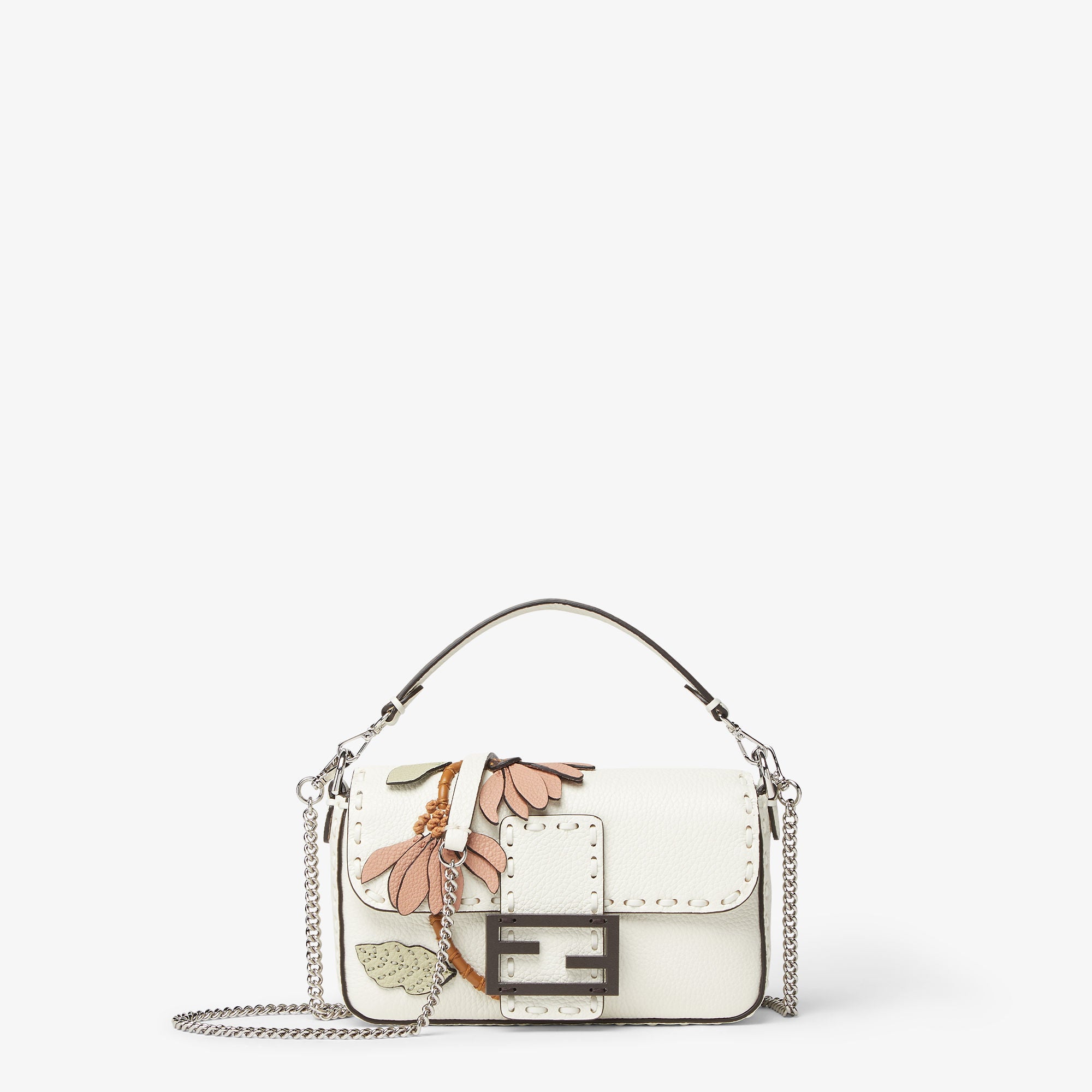 Baguette Mini White Selleria bag with floral motifs and 309 hand-sewn stitches