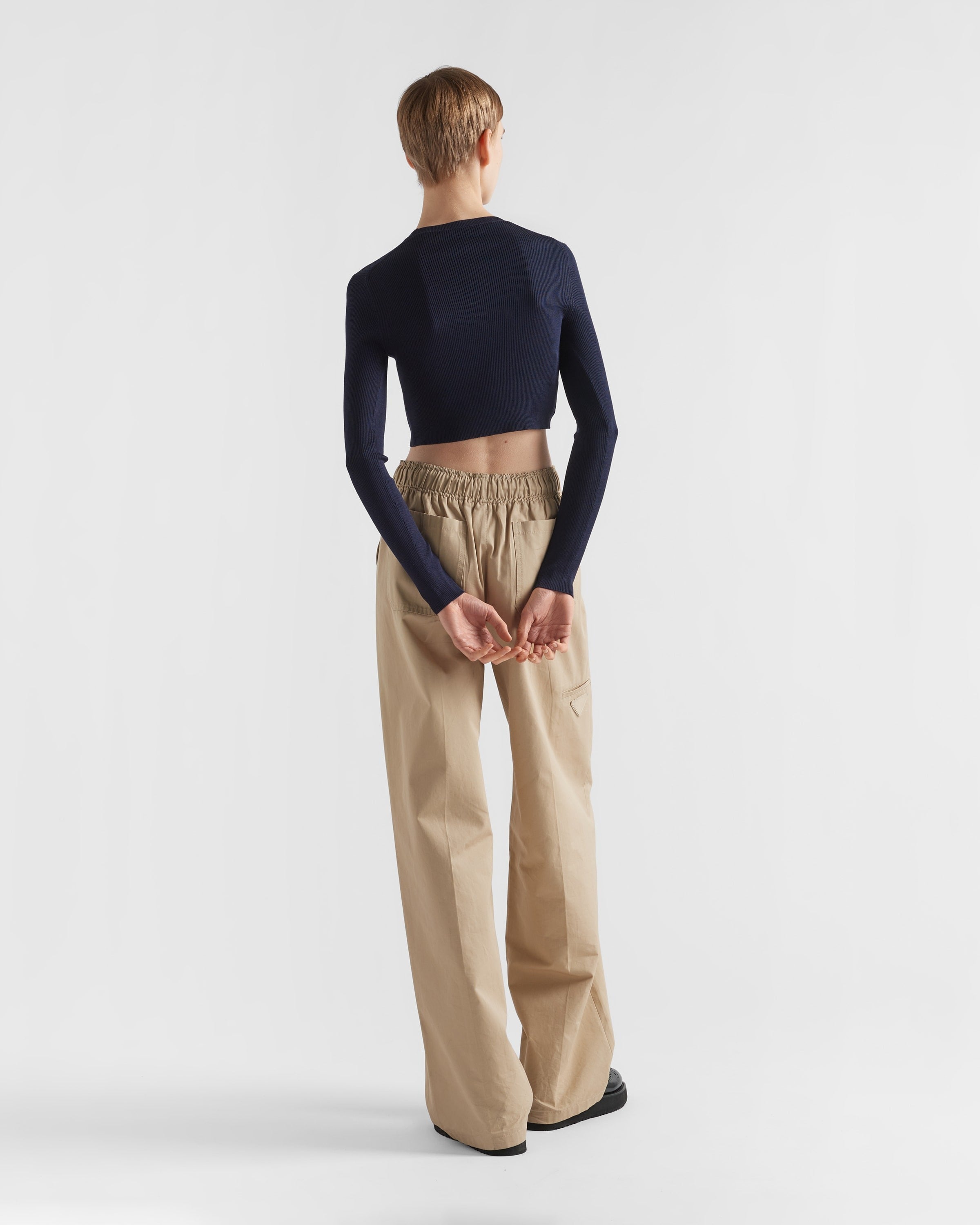 Cropped silk sweater with logo Navy