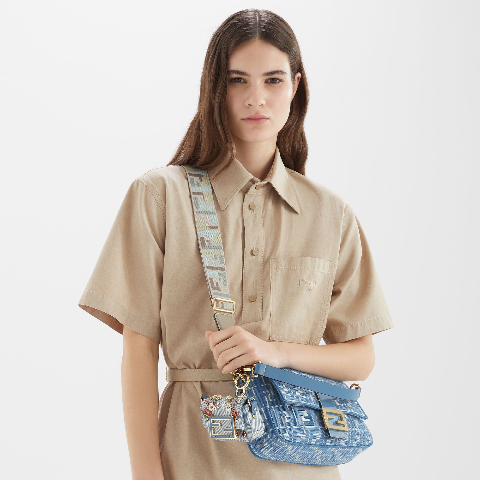 Baguette Blue denim-effect FF jacquard bag