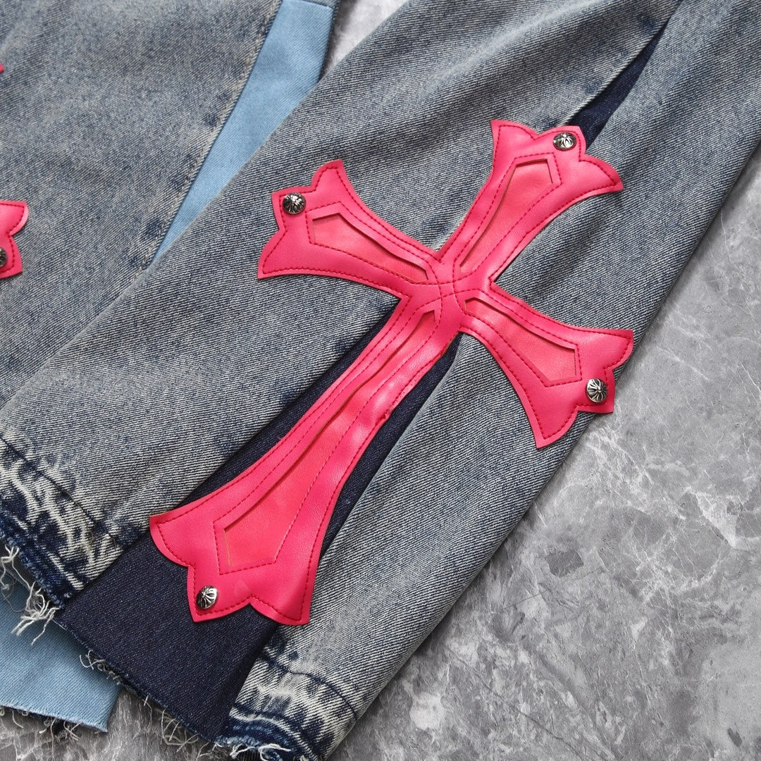 Chrome Hearts x Gallery Dept. Big Pink Cross Leather Patchwork Jeans