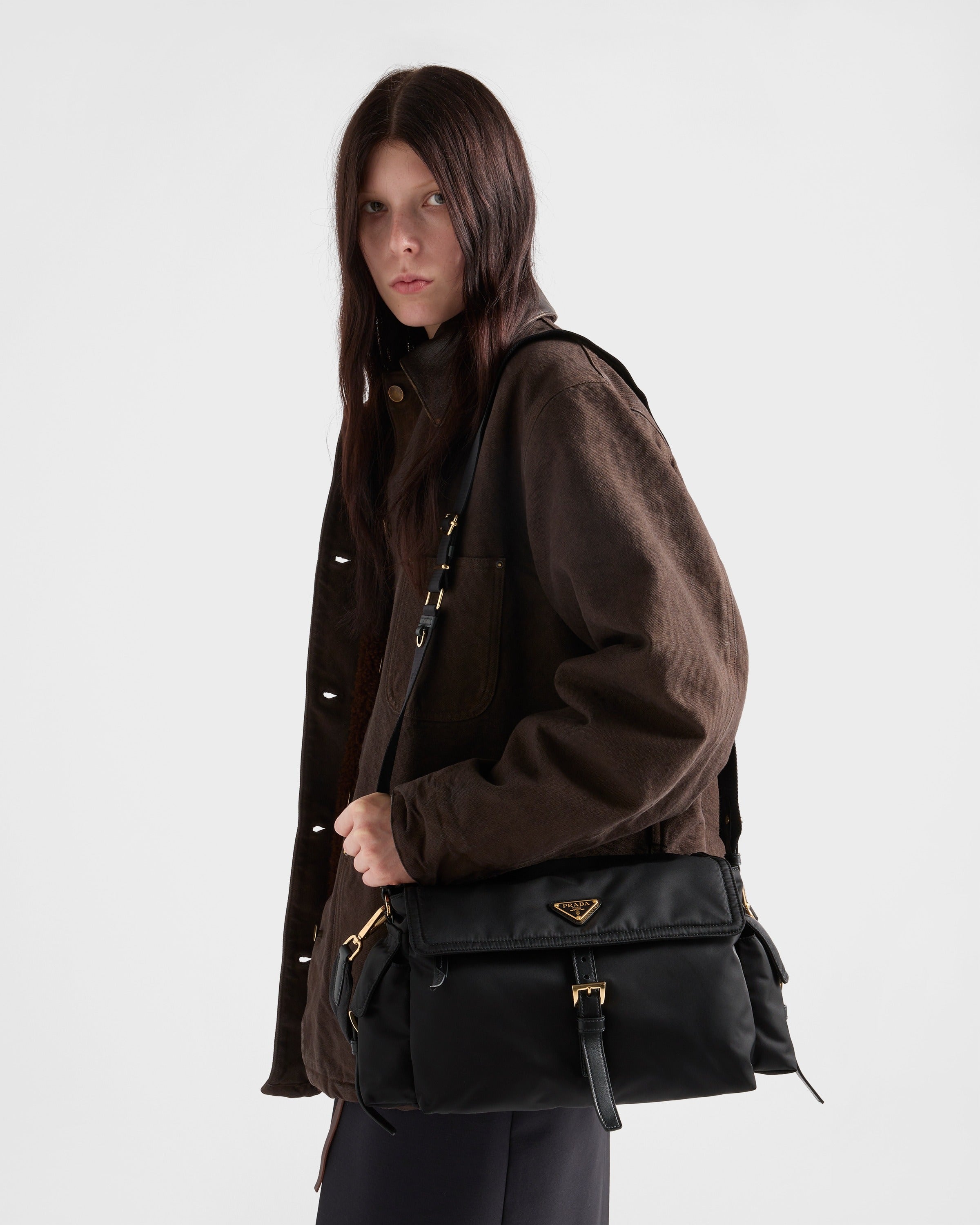Prada Explore large Re-Nylon shoulder bag with flap Black