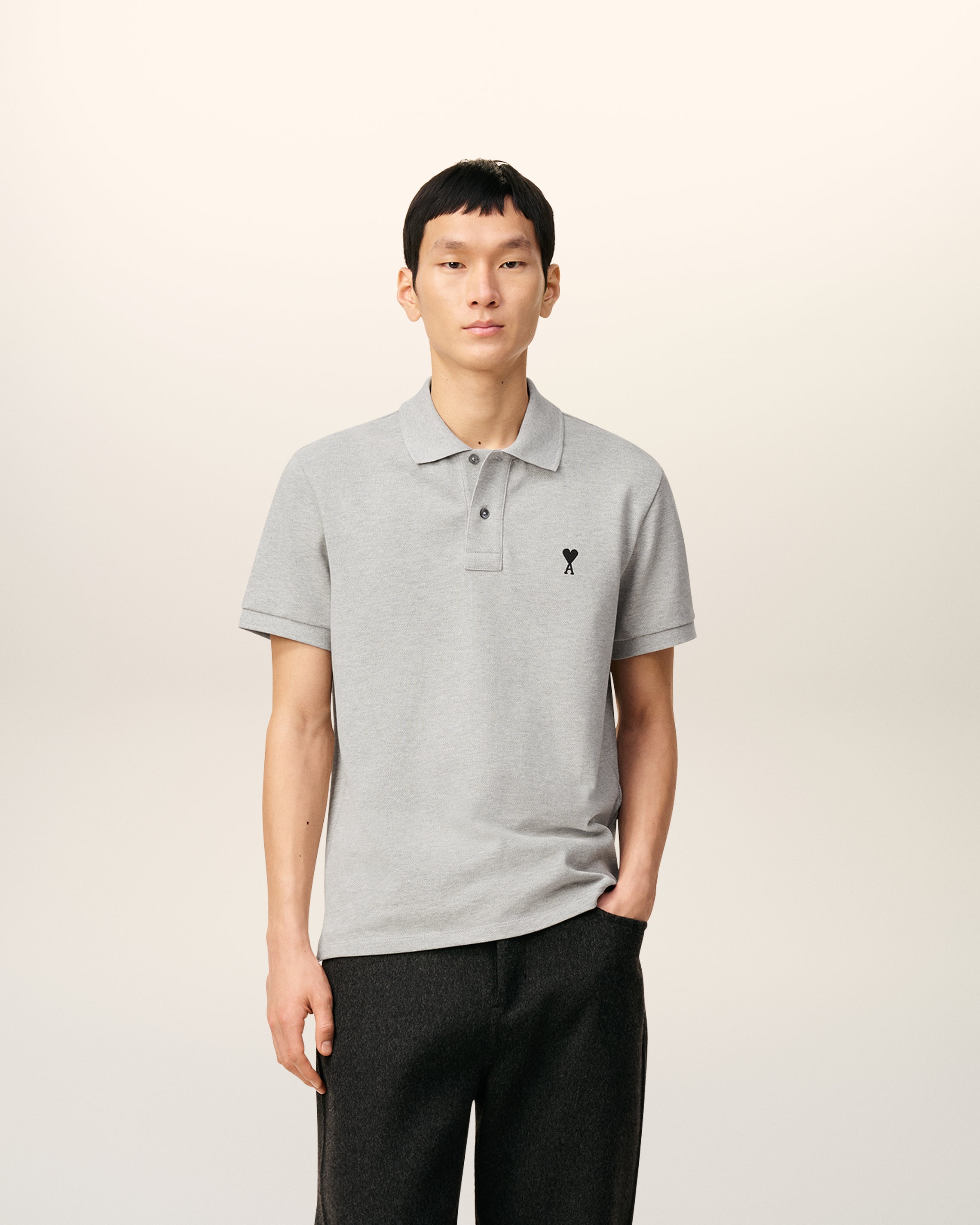 Grey Cotton Contrasted Ami De Coeur Polo Shirt HEATHER ASH GREY