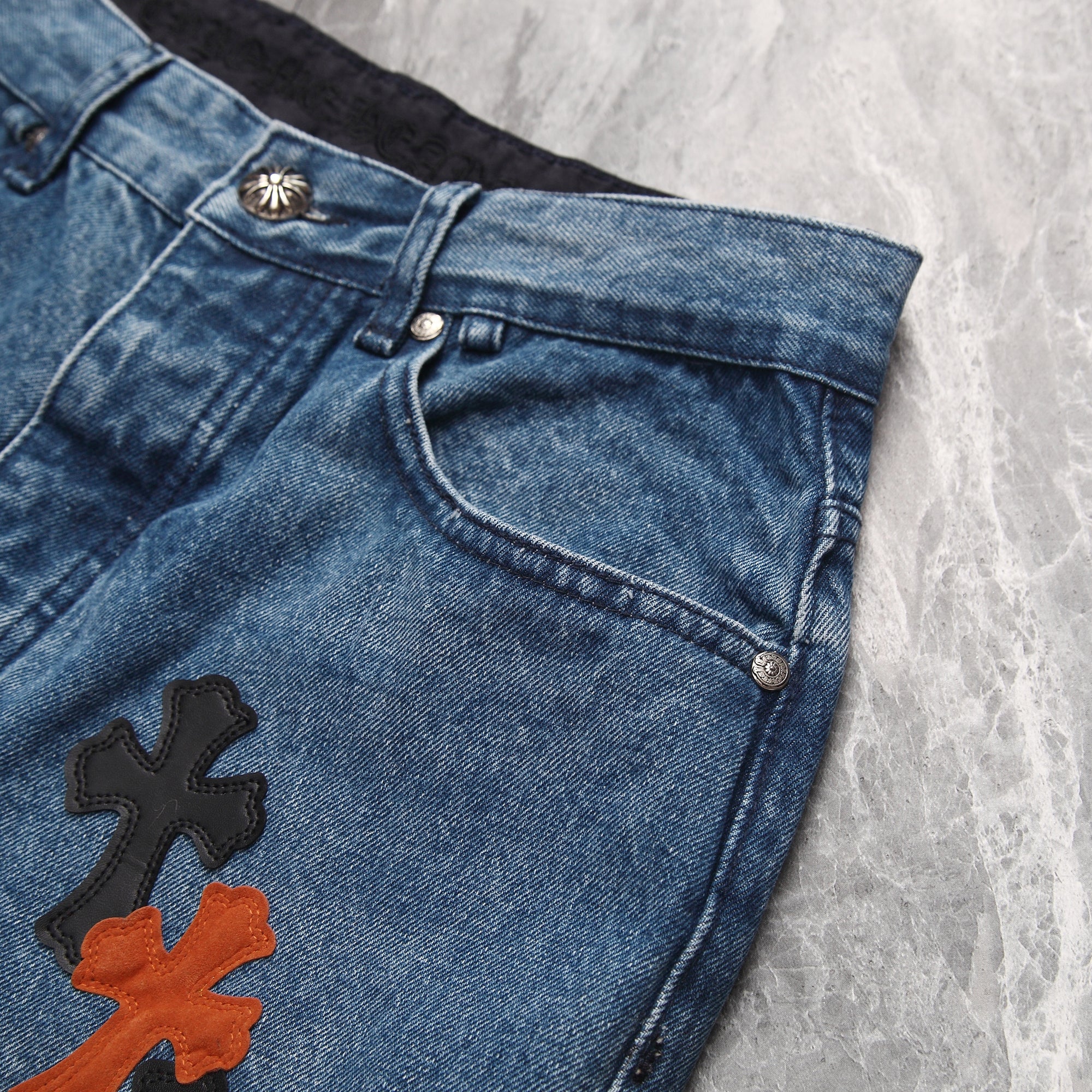 Chrome Hearts Cross Leather Patchwork Jeans