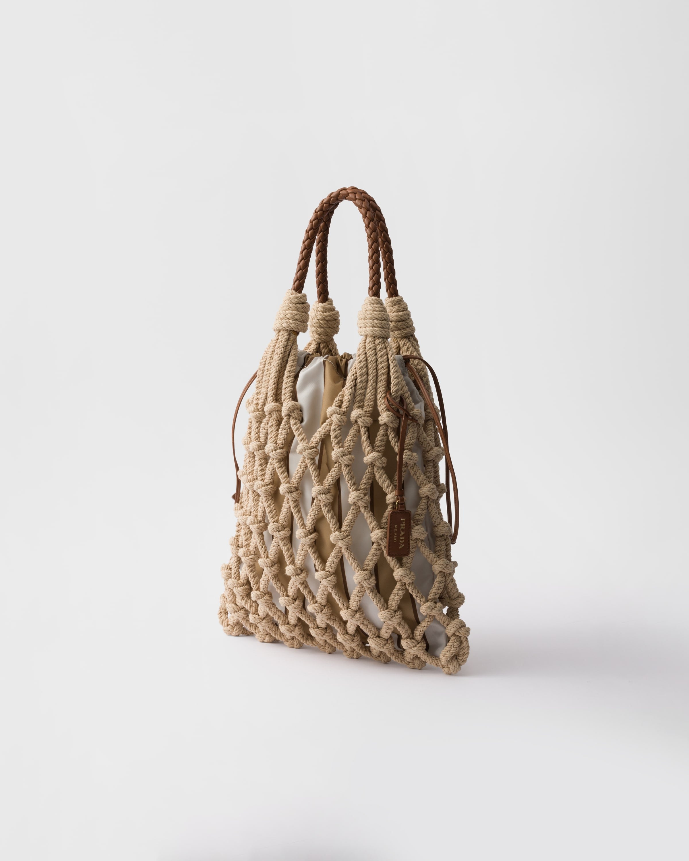 Prada Noué medium cotton macramé bag Cord/Camel Beige