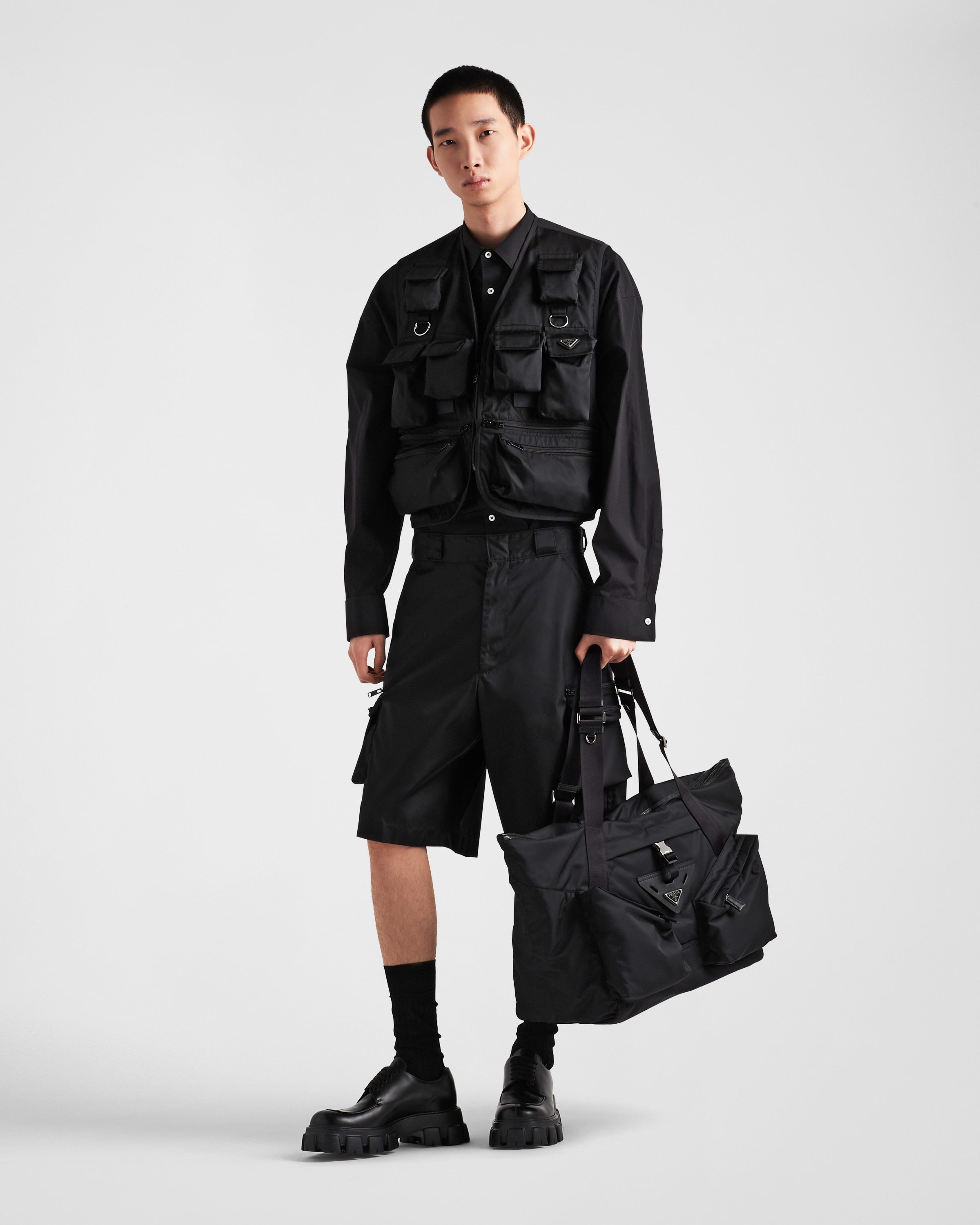 Re-Nylon and leather travel bag Black