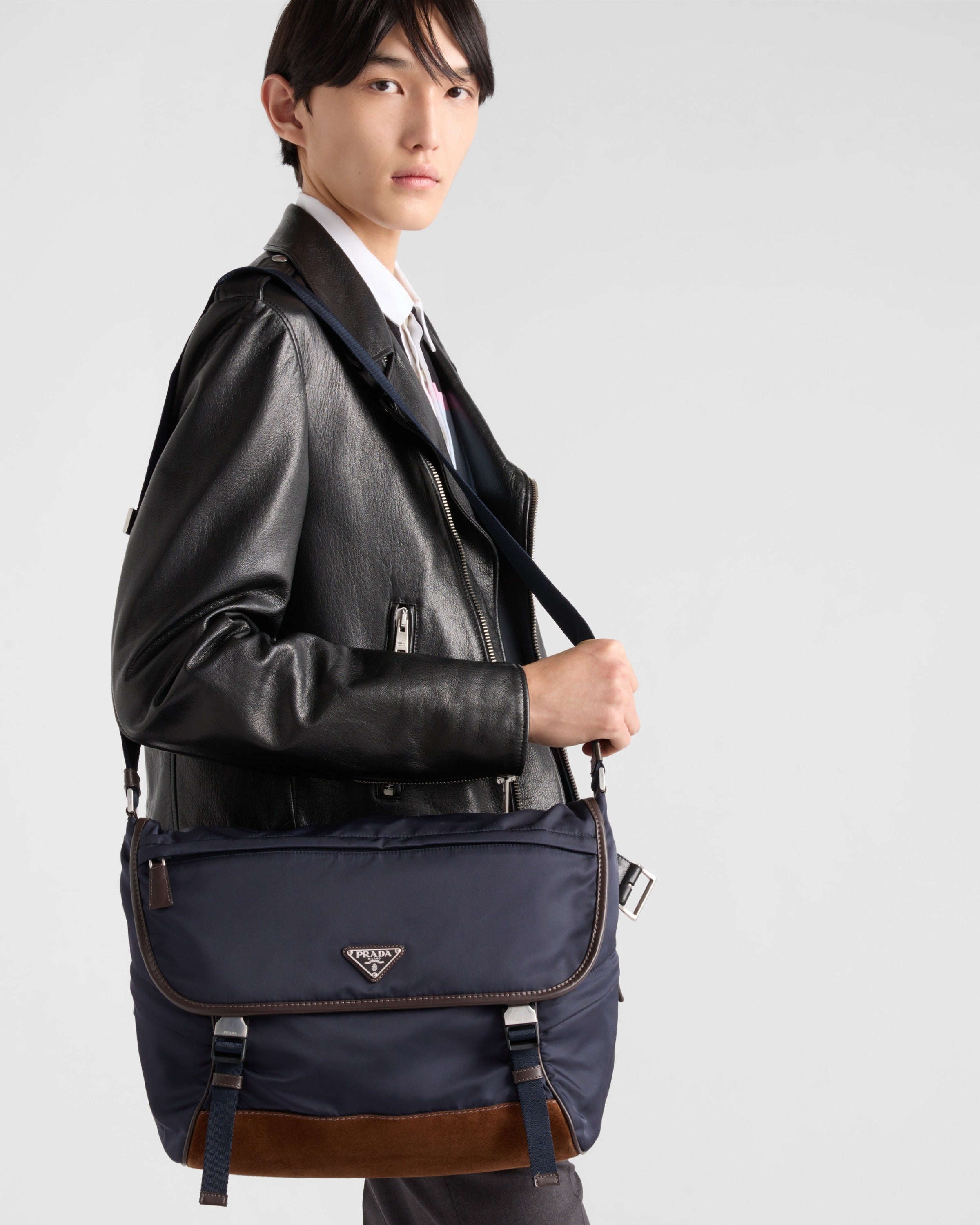 Large Re-Nylon and leather shoulder bag Blue/Coffee