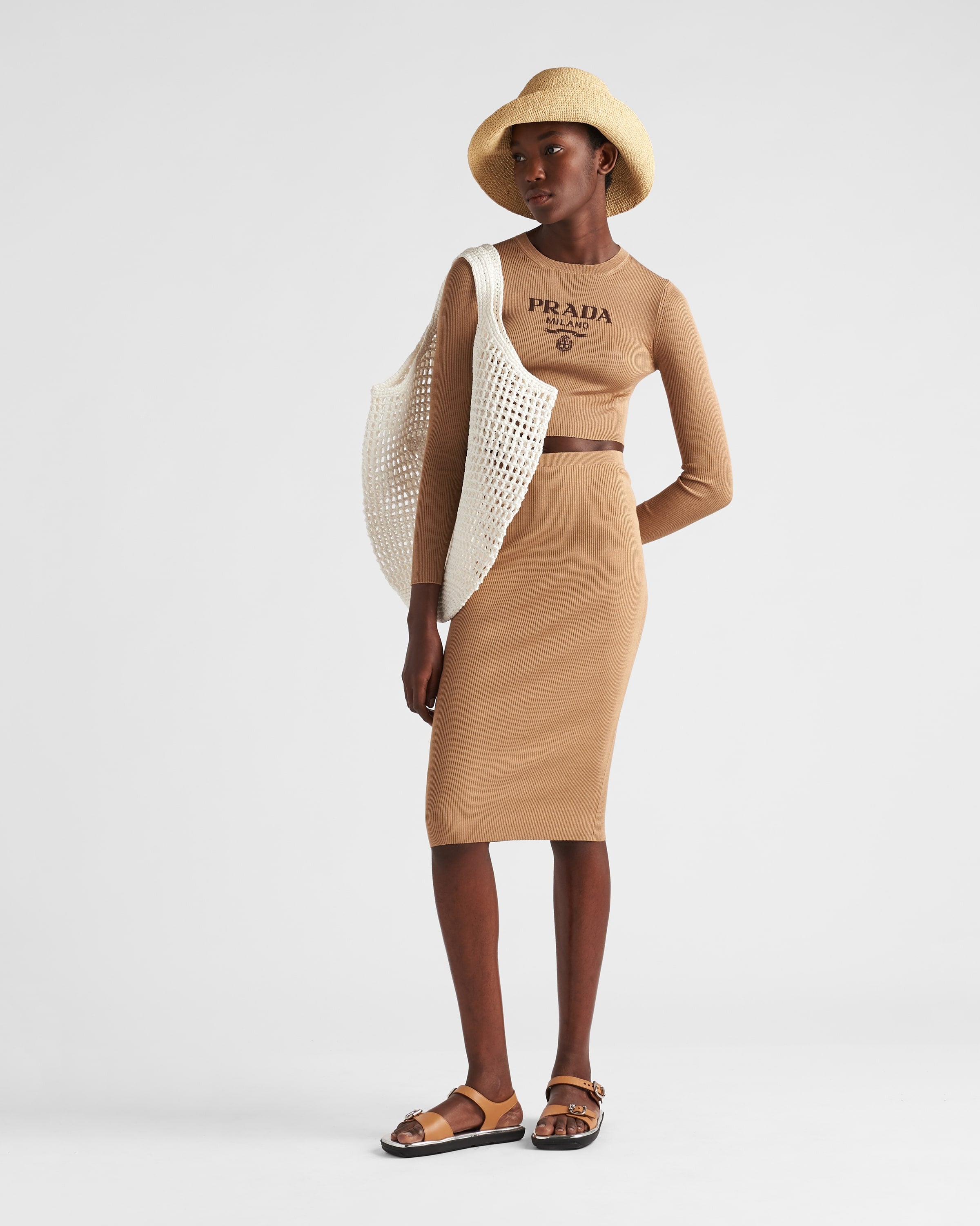 Cropped silk sweater with logo Camel Brown