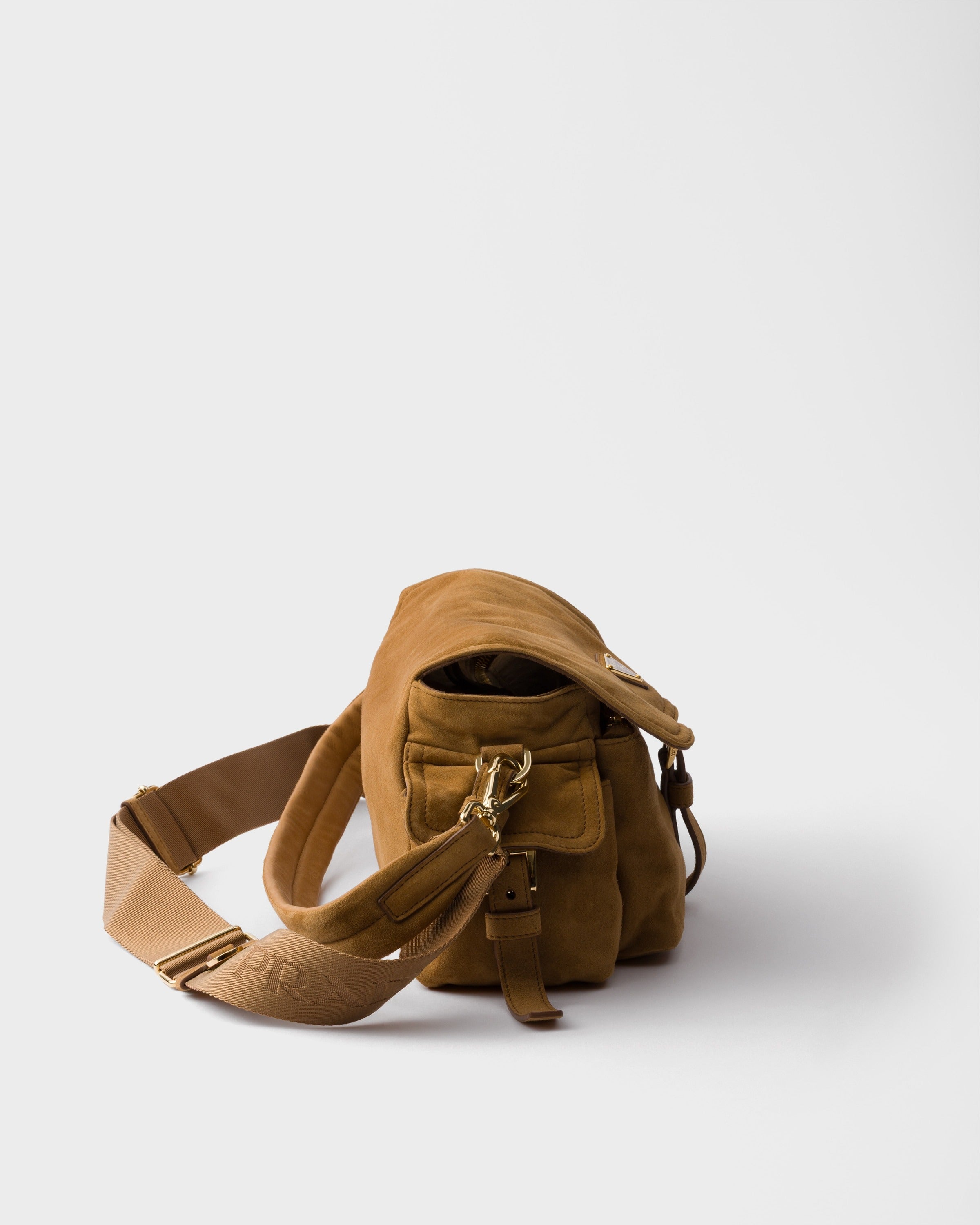 Prada Explore medium suede shoulder bag with flap Cinnamon