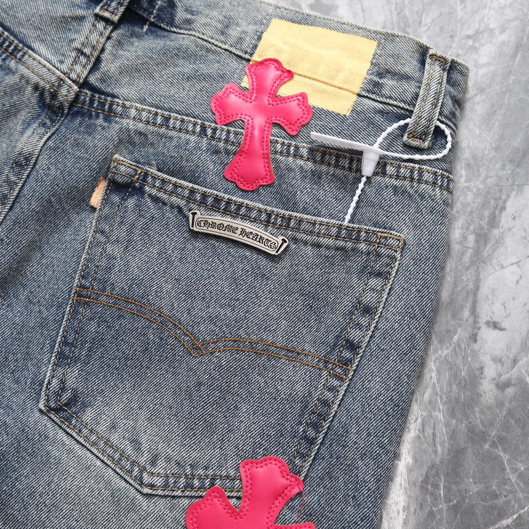Chrome Hearts x Gallery Dept. Big Pink Cross Leather Patchwork Jeans