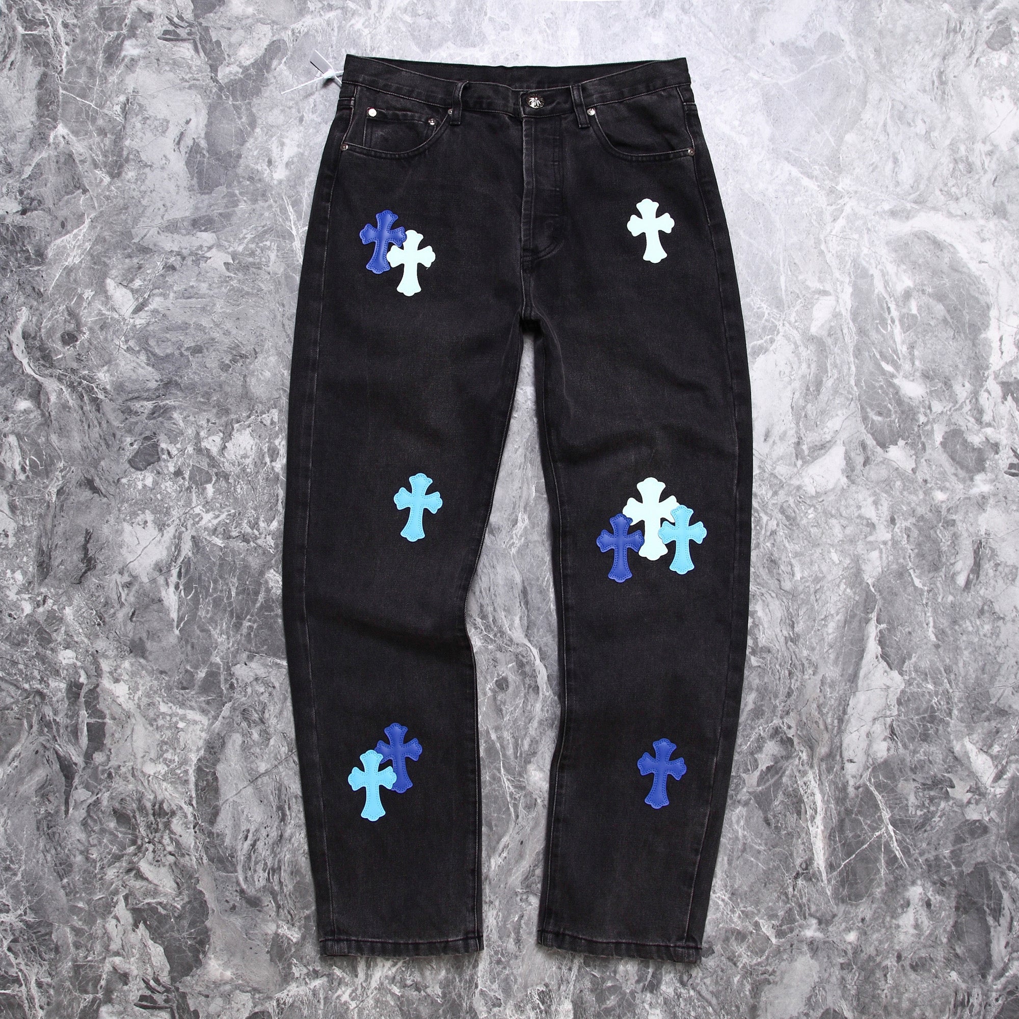 Chrome Hearts Blue Cross Leather Patchwork Black Jeans