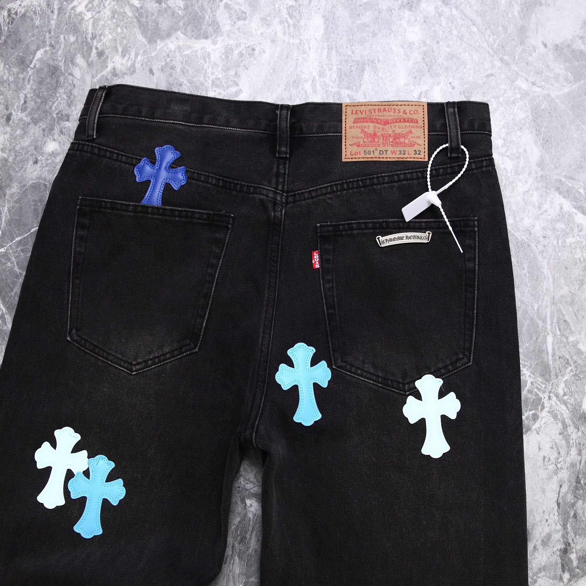 Chrome Hearts Blue Cross Leather Patchwork Black Jeans
