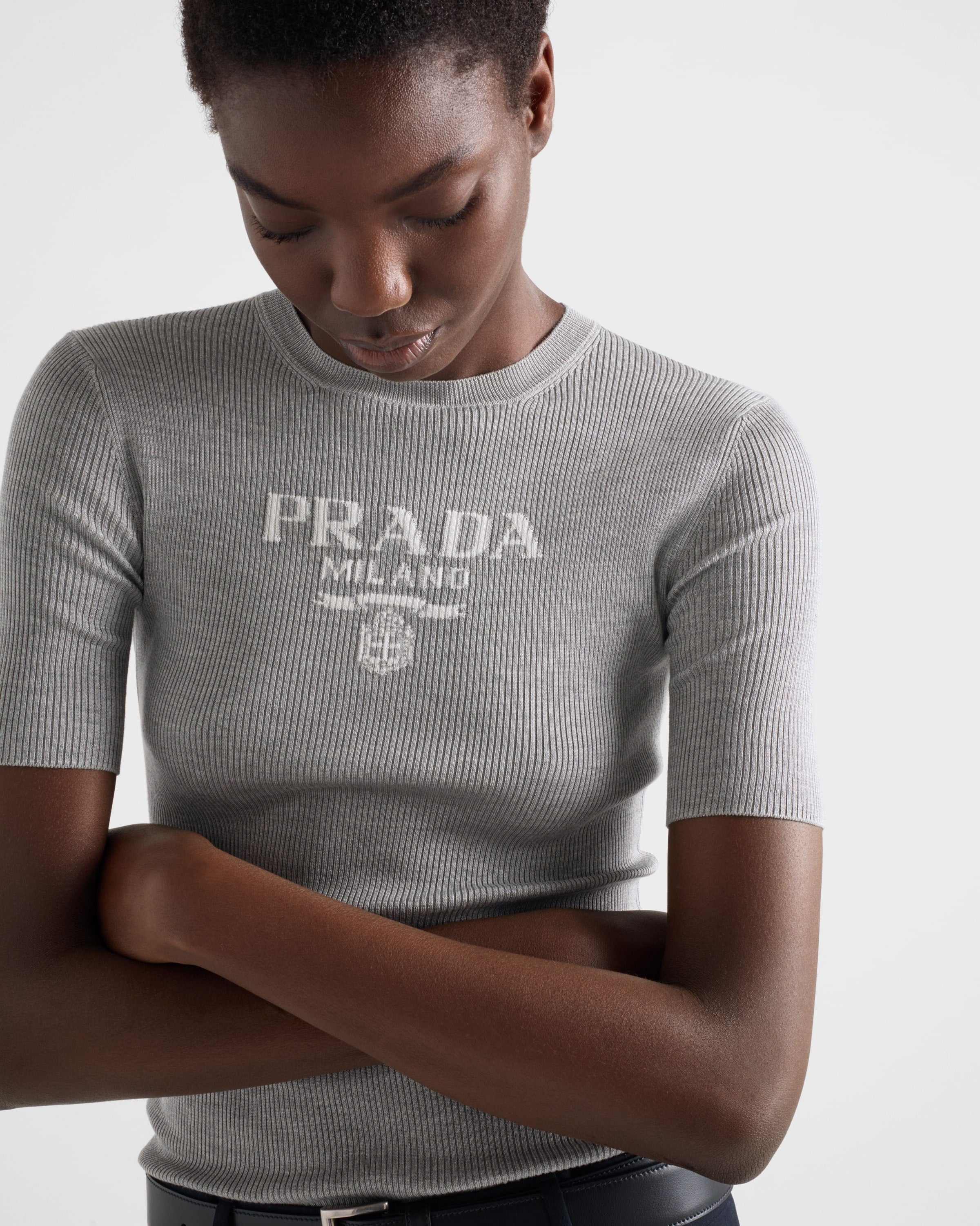 Silk crew-neck sweater with logo Grey