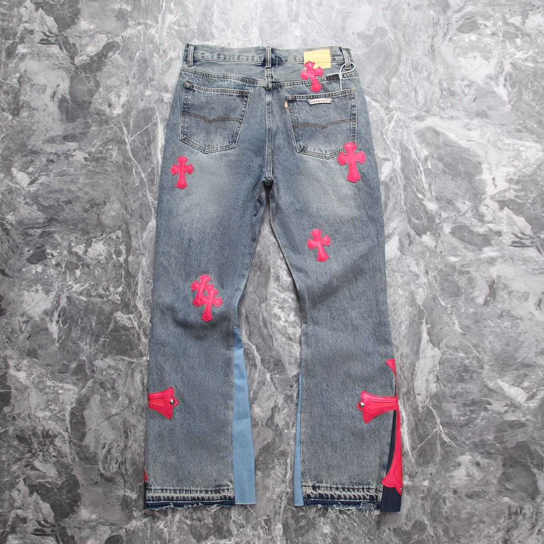 Chrome Hearts x Gallery Dept. Big Pink Cross Leather Patchwork Jeans