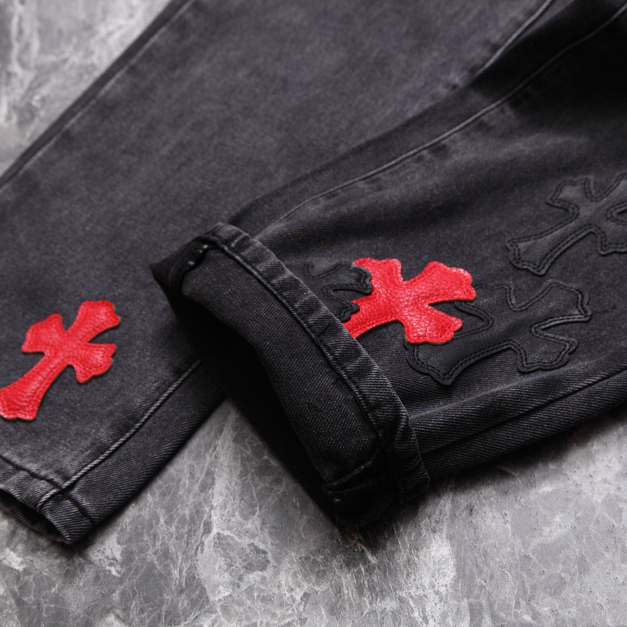 Chrome Hearts Red Black Cross Leather Patchwork Jeans