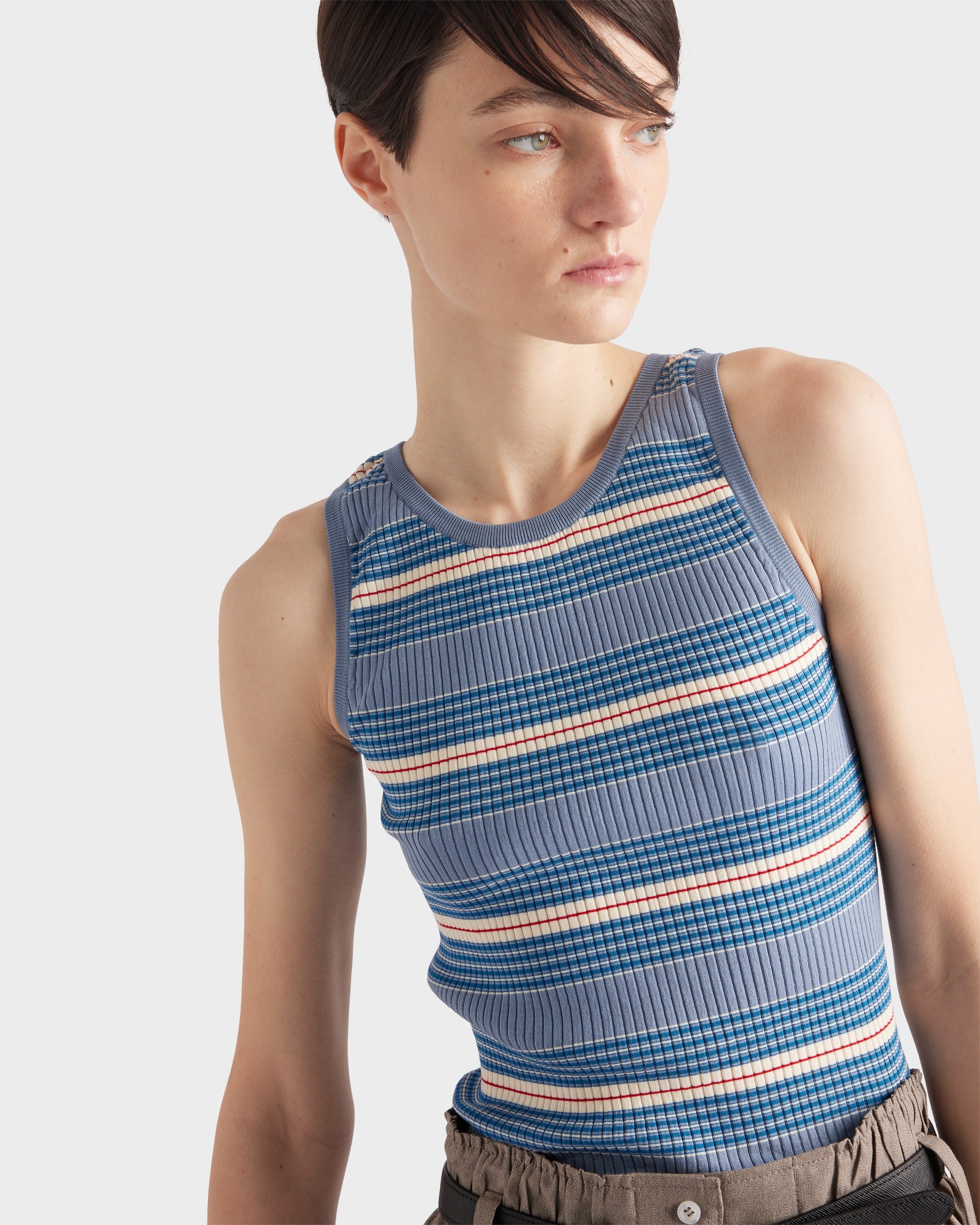 Striped stretch cotton knit top Periwinkle Blue