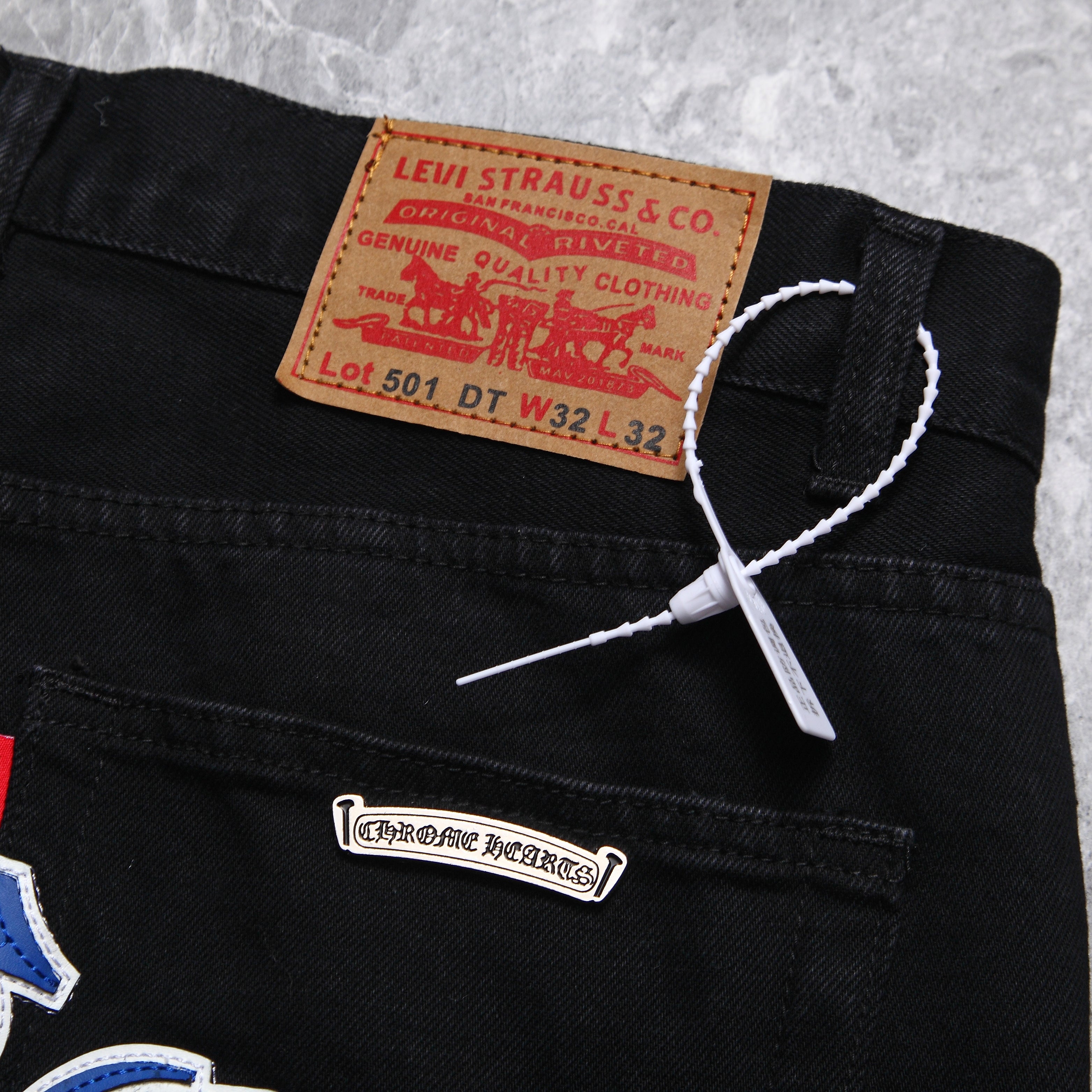 Chrome Hearts Los Angels Limted Edition Blue White Cross Leather Patchwork Black Jeans