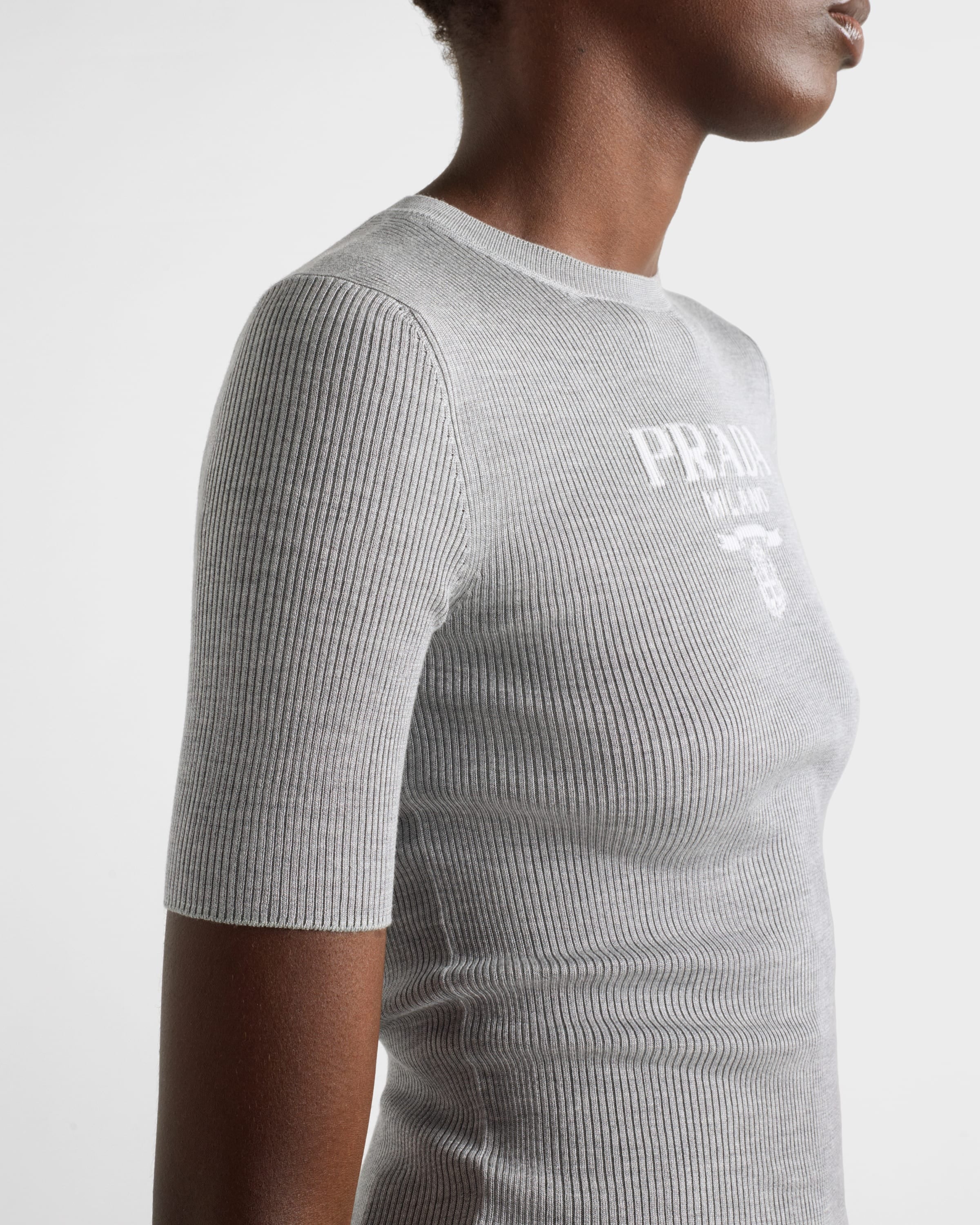 Silk crew-neck sweater with logo Grey