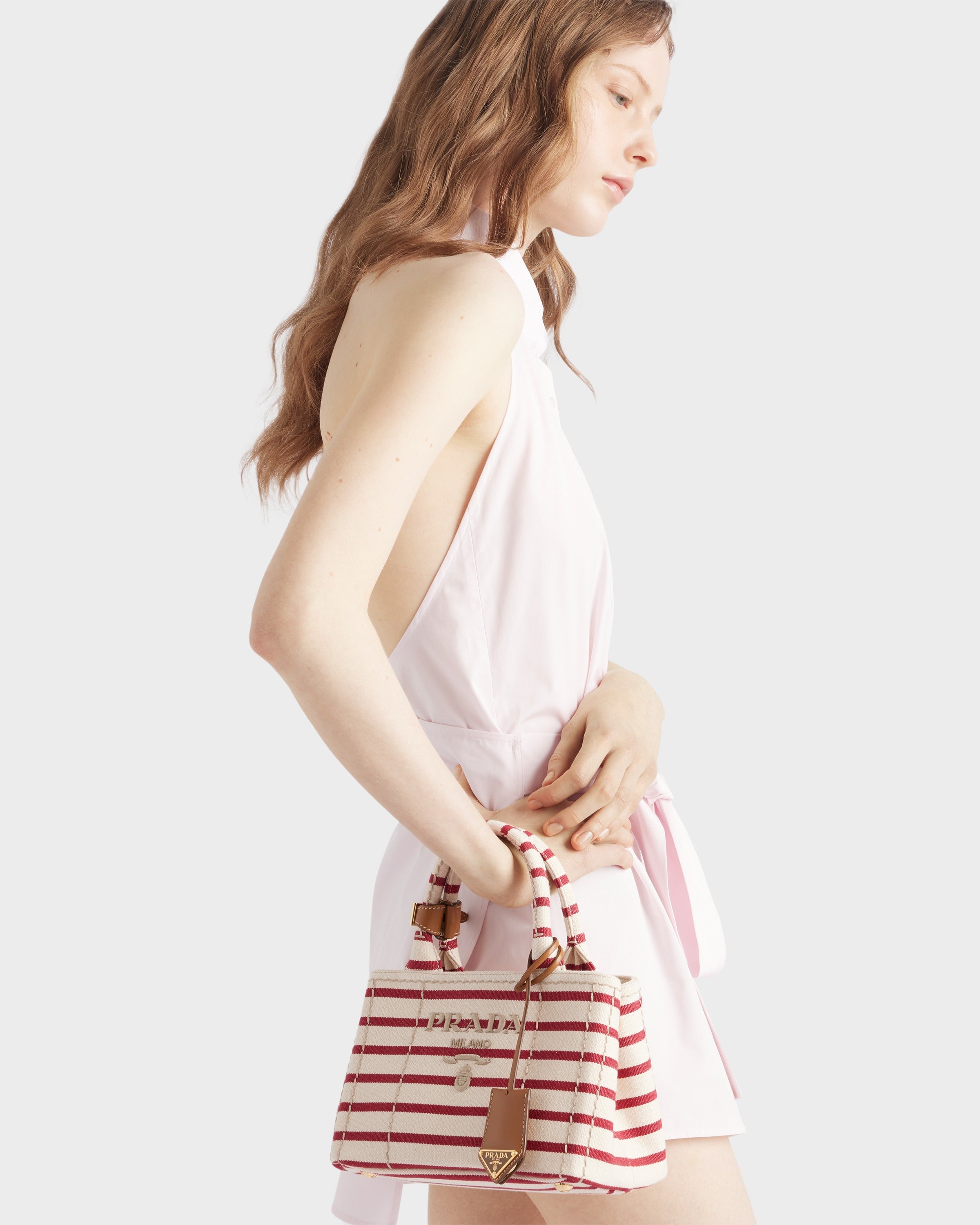 Prada Jardinière striped cotton canvas mini-bag Pomegranate Yellow/Red