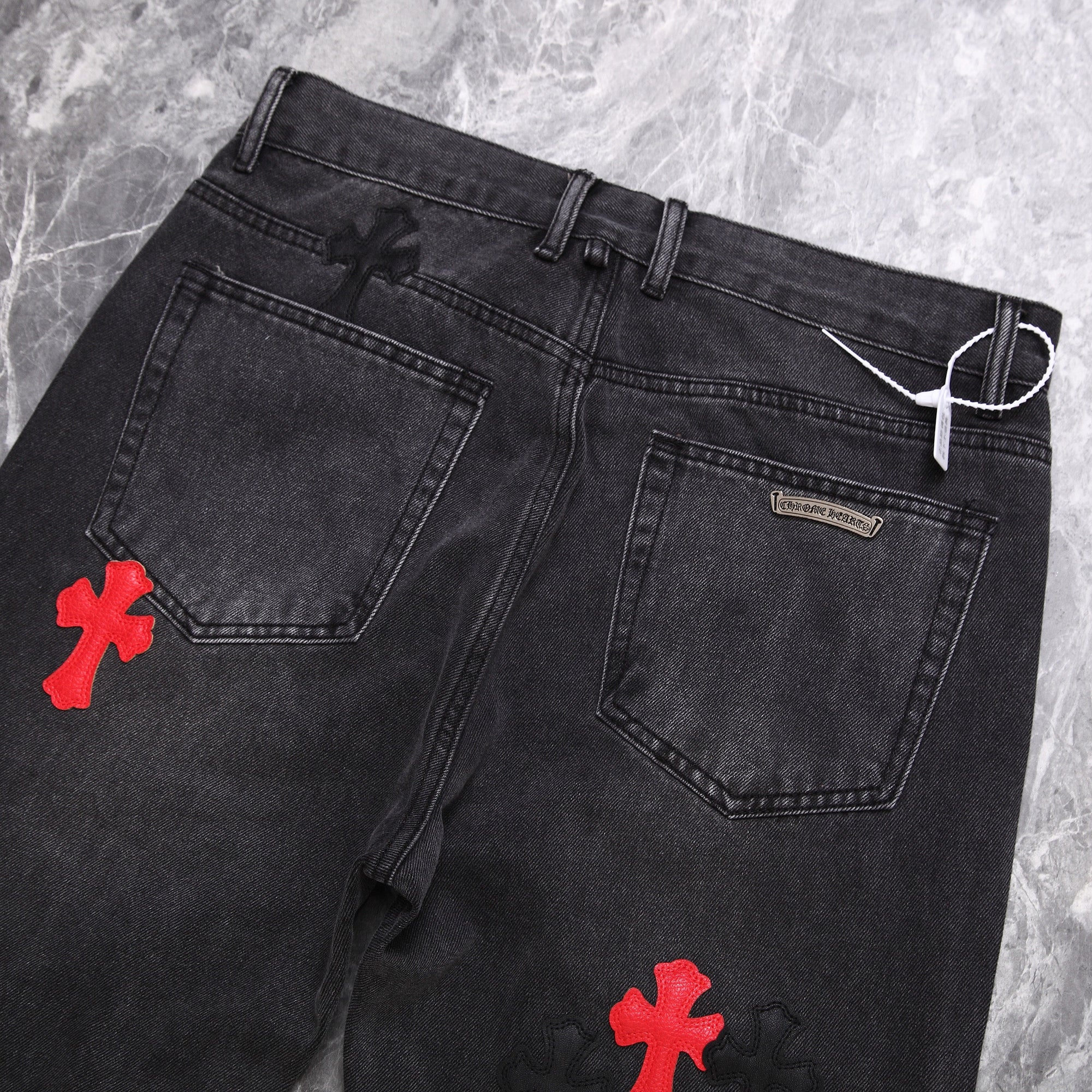 Chrome Hearts Red Black Cross Leather Patchwork Jeans