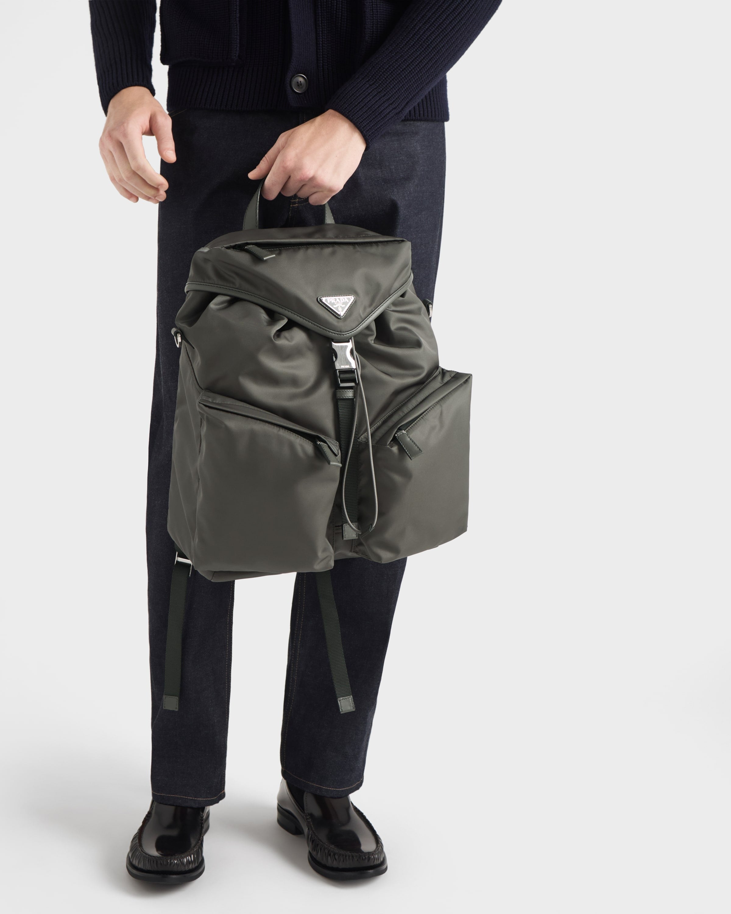 Re-Nylon and leather backpack Forest Green