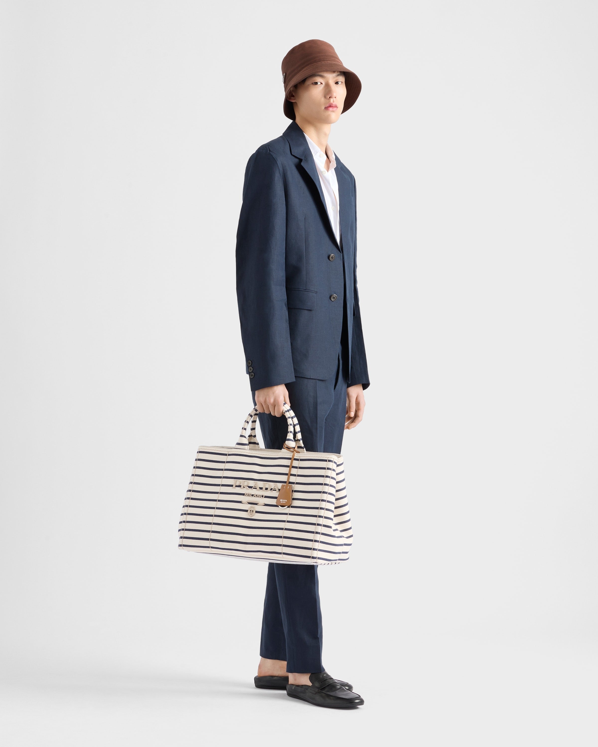 Striped canvas tote bag Ivory/Blue