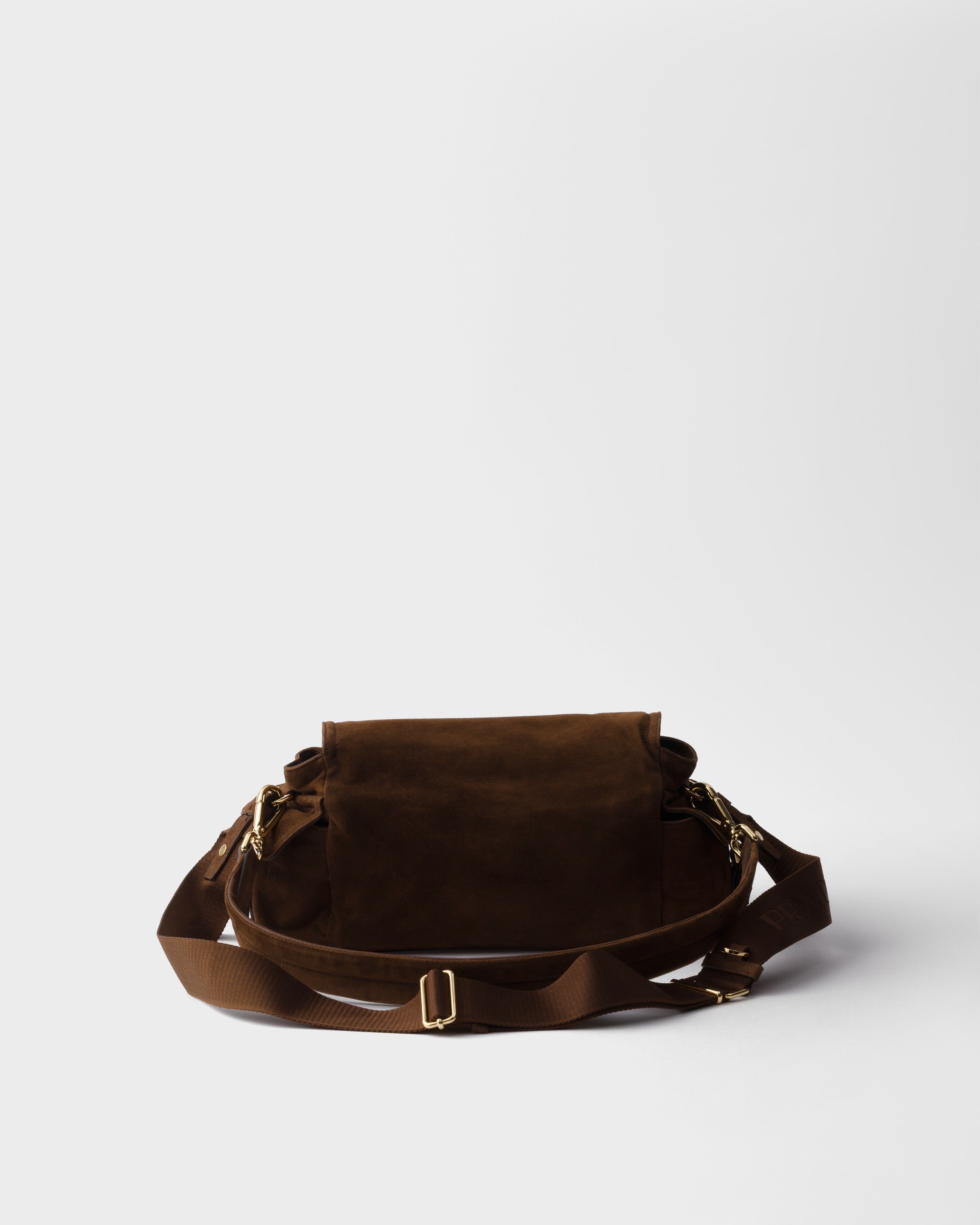 Prada Explore medium suede shoulder bag with flap Cocoa Brown