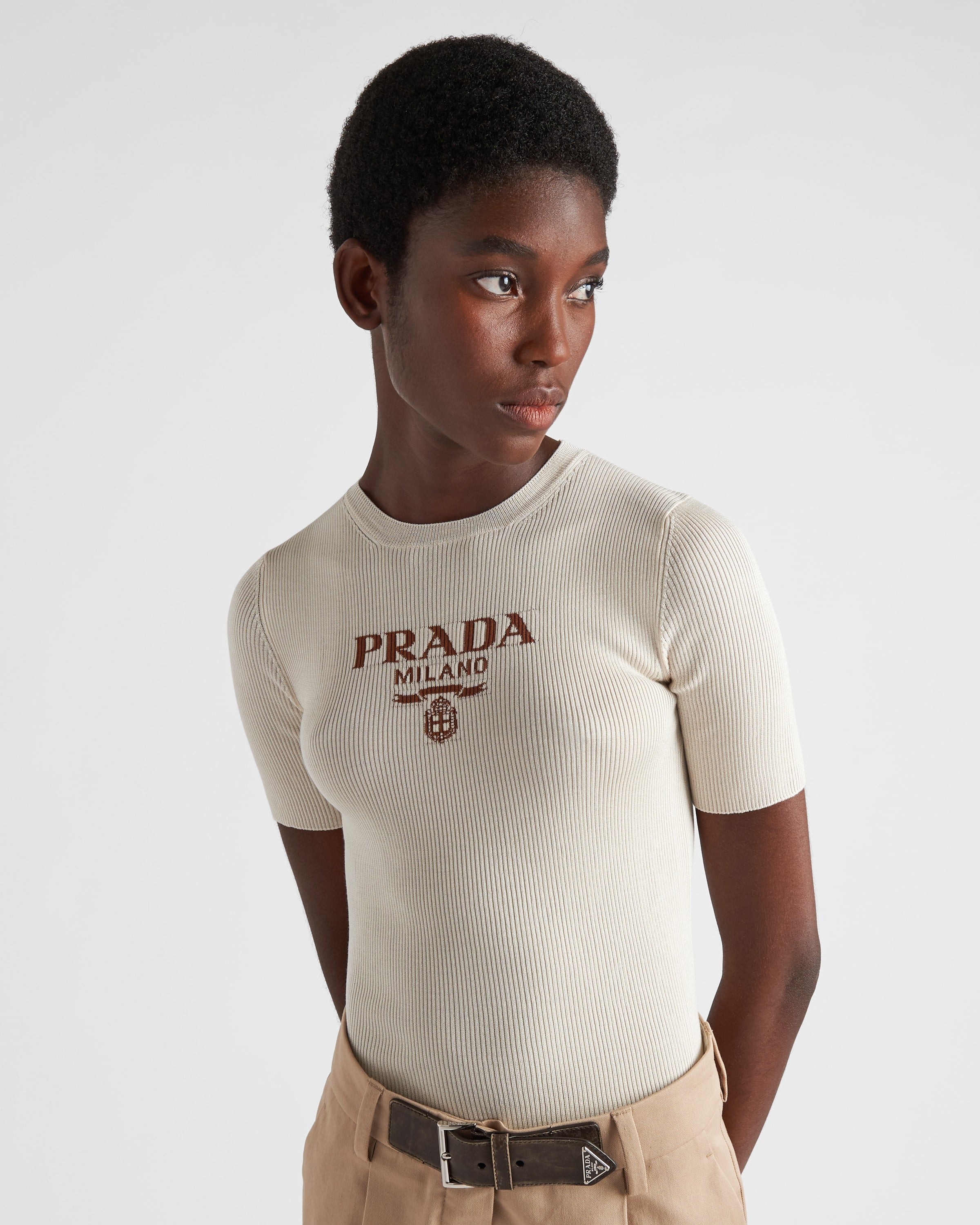 Silk crew-neck sweater with logo Ivory