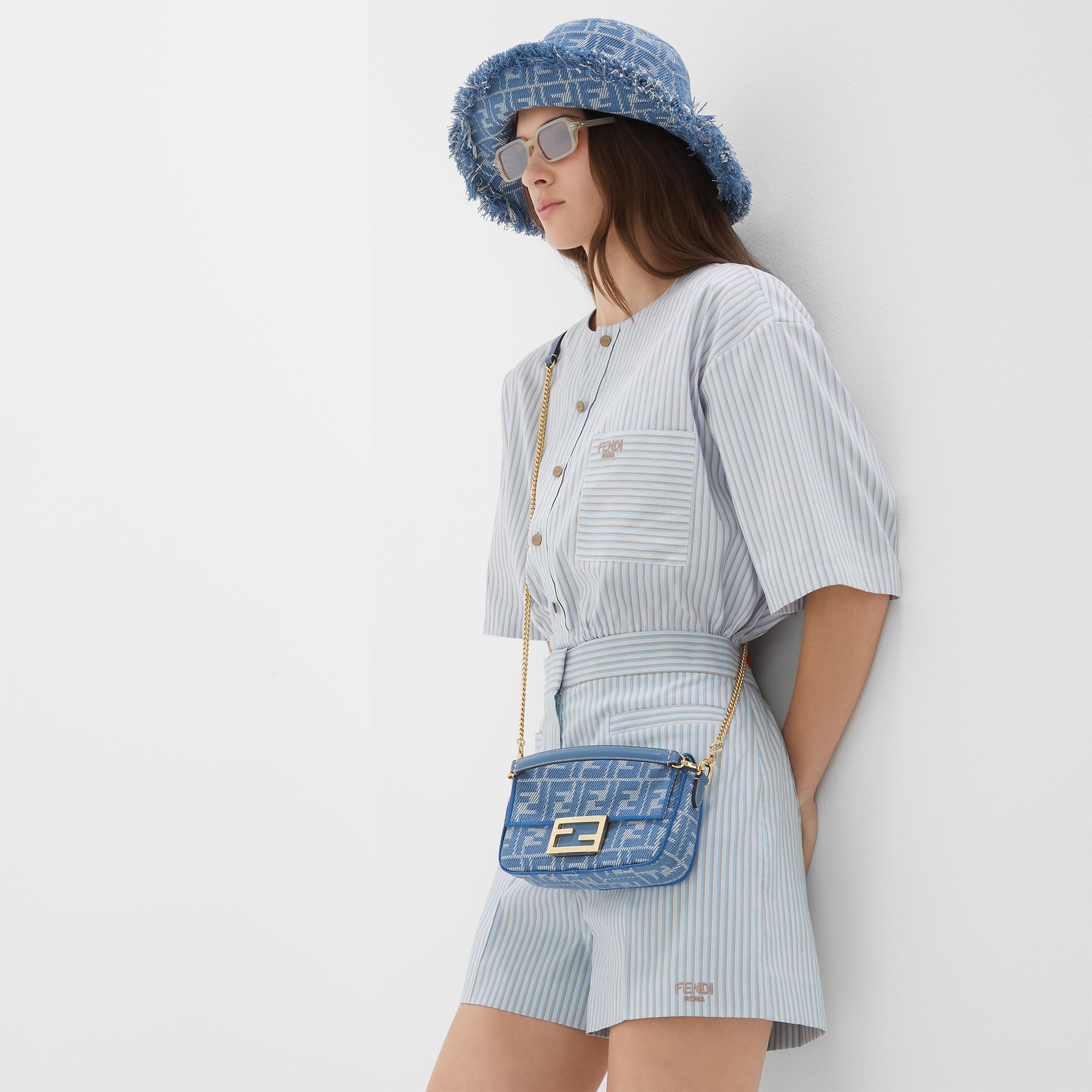 Baguette Mini Blue denim-effect FF jacquard bag
