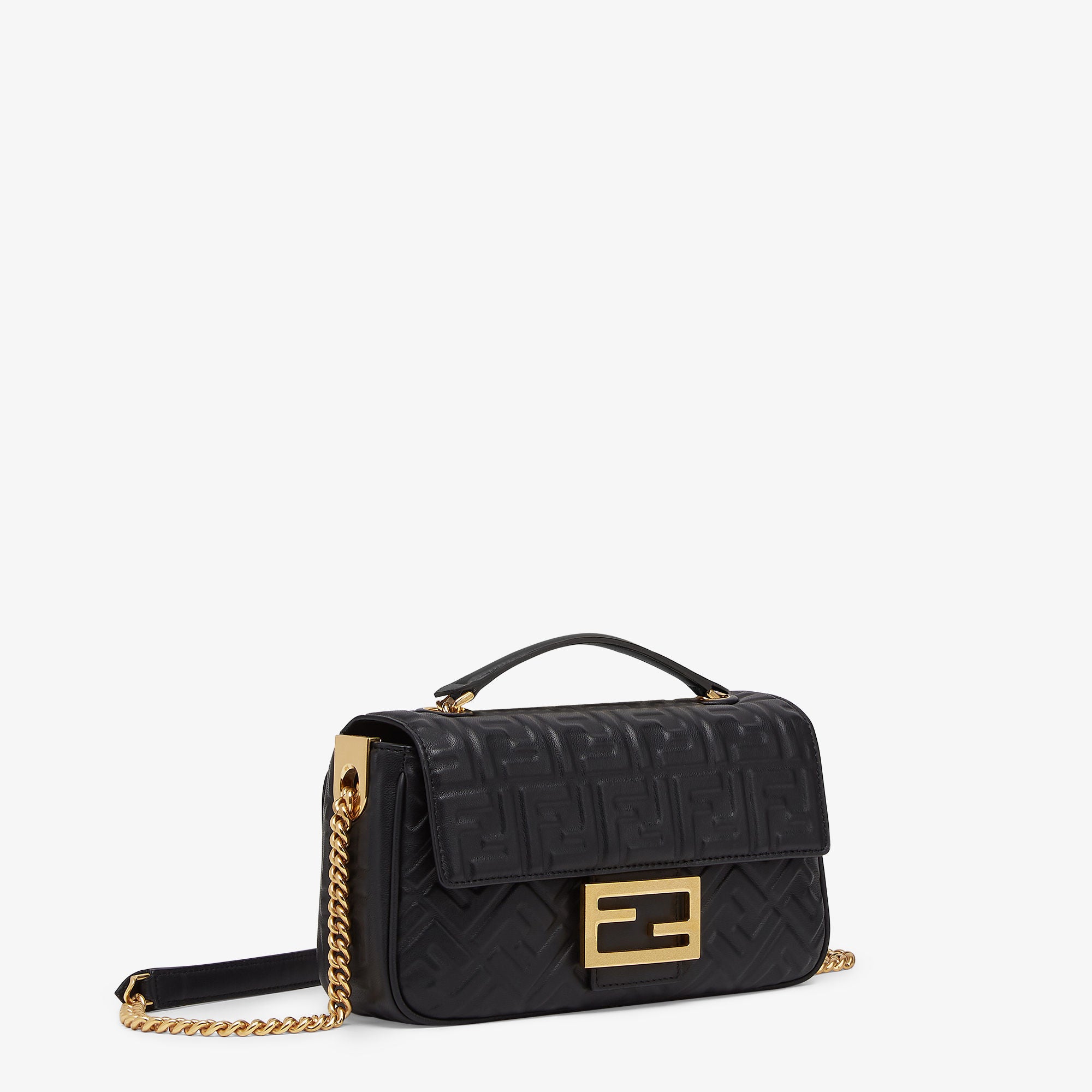Baguette Chain Midi Black nappa leather bag with FF motif