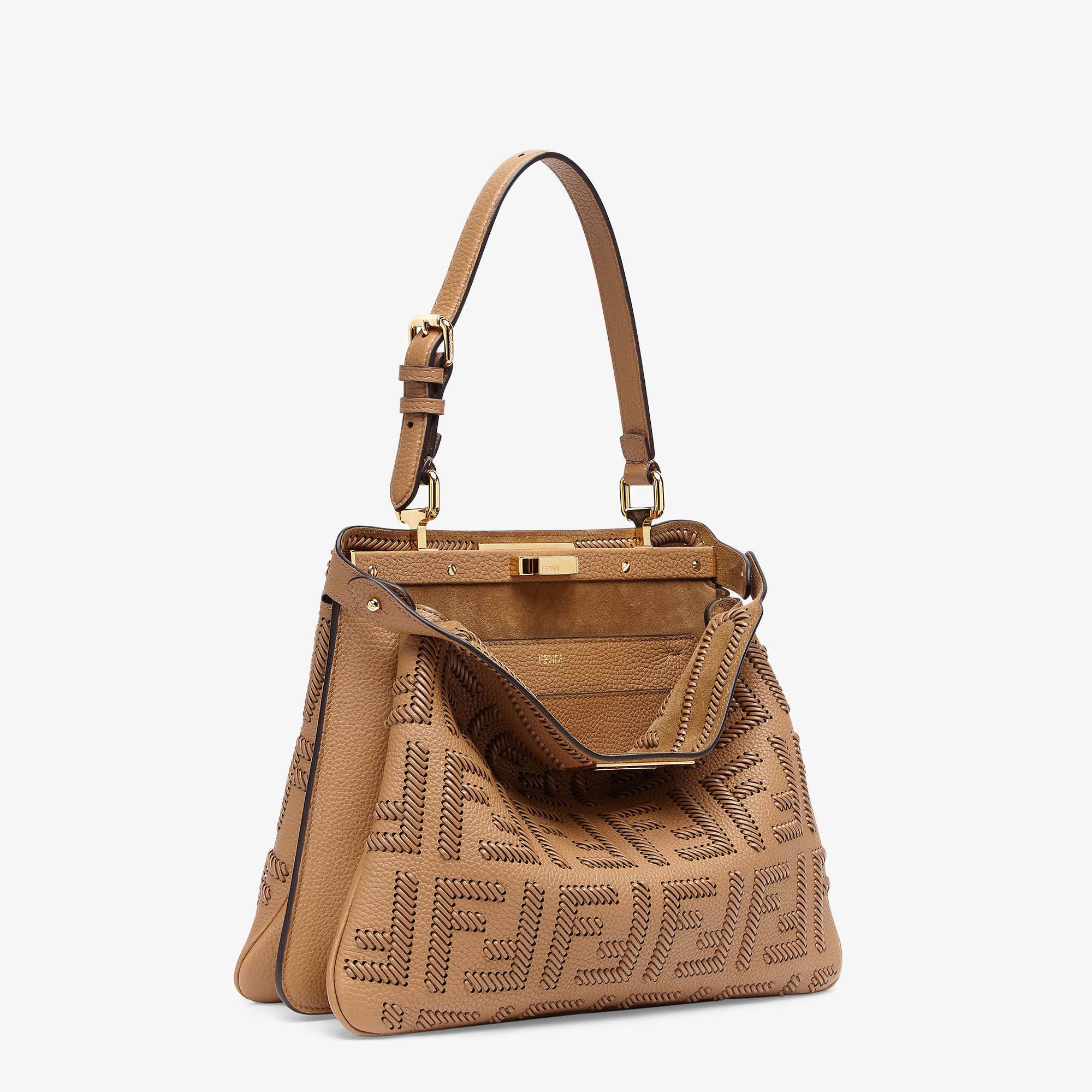 Peekaboo Soft Medium Cappuccino-colored leather bag with FF interlacing
