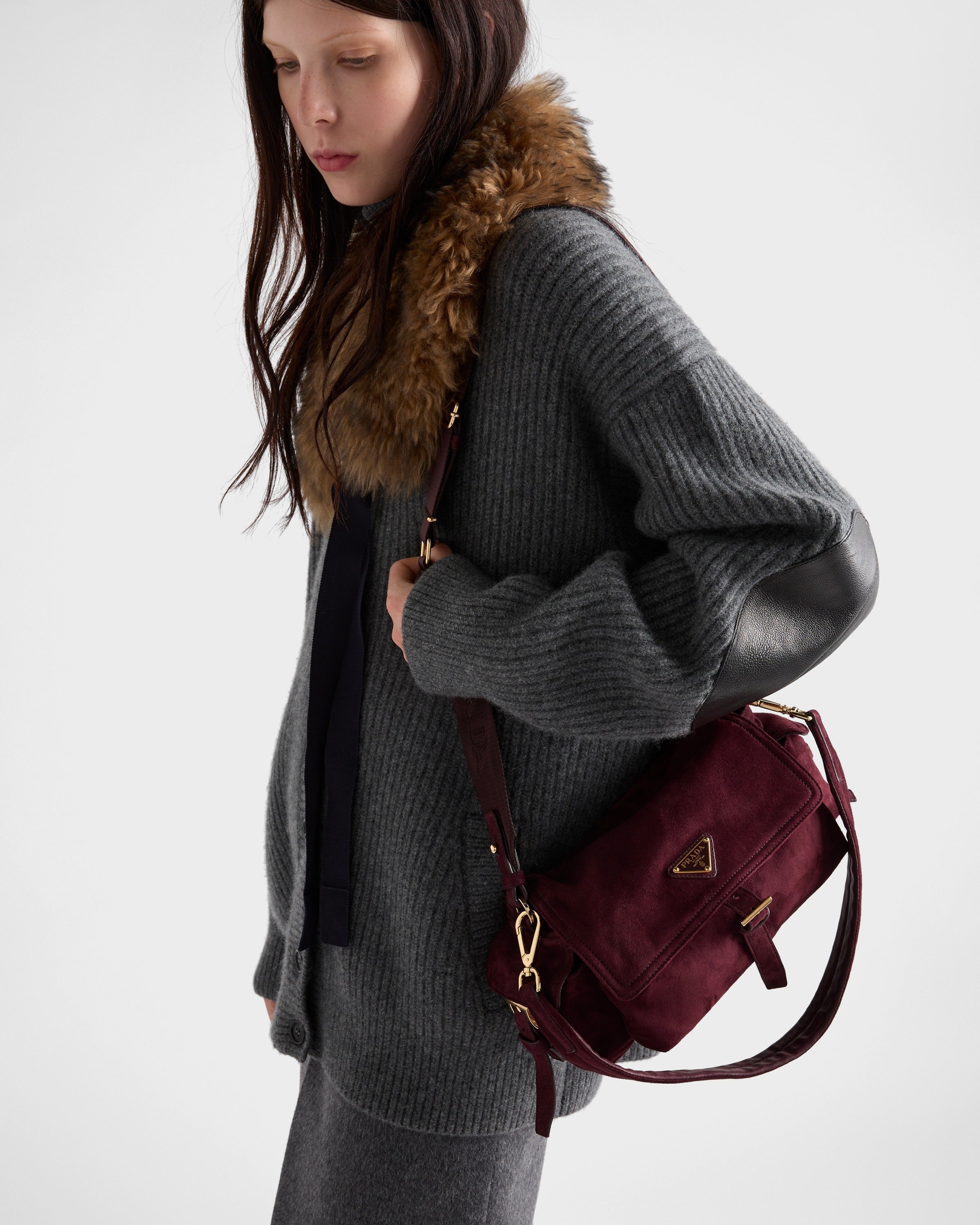 Prada Explore medium suede shoulder bag with flap Burgundy