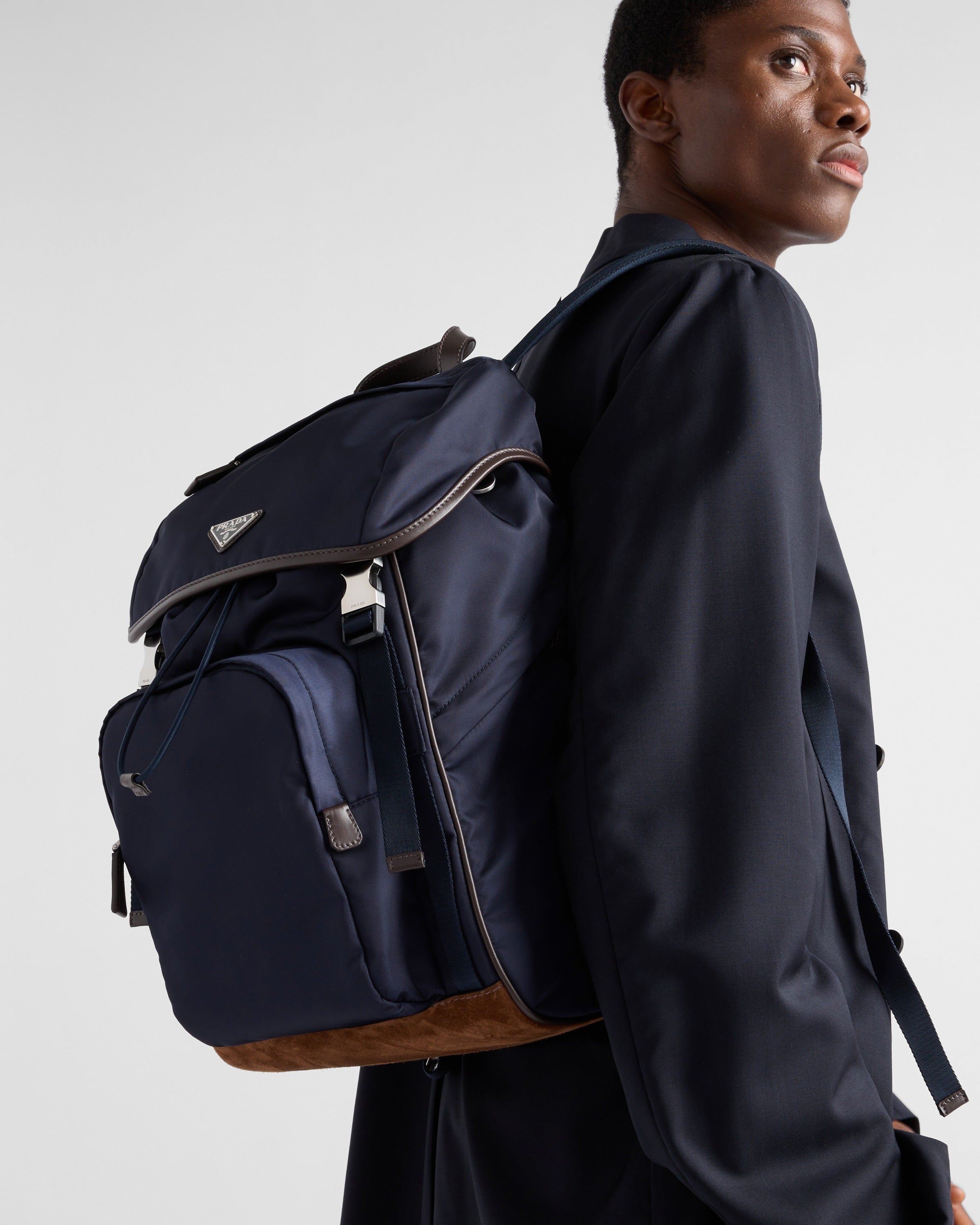 Re-Nylon and leather backpack Blue/Coffee