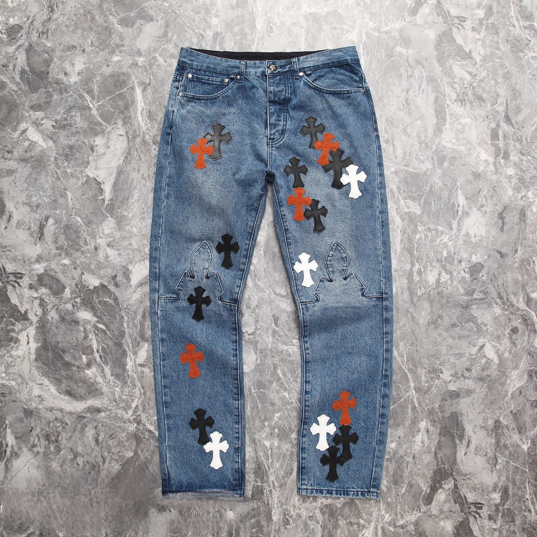 Chrome Hearts Cross Leather Patchwork Jeans